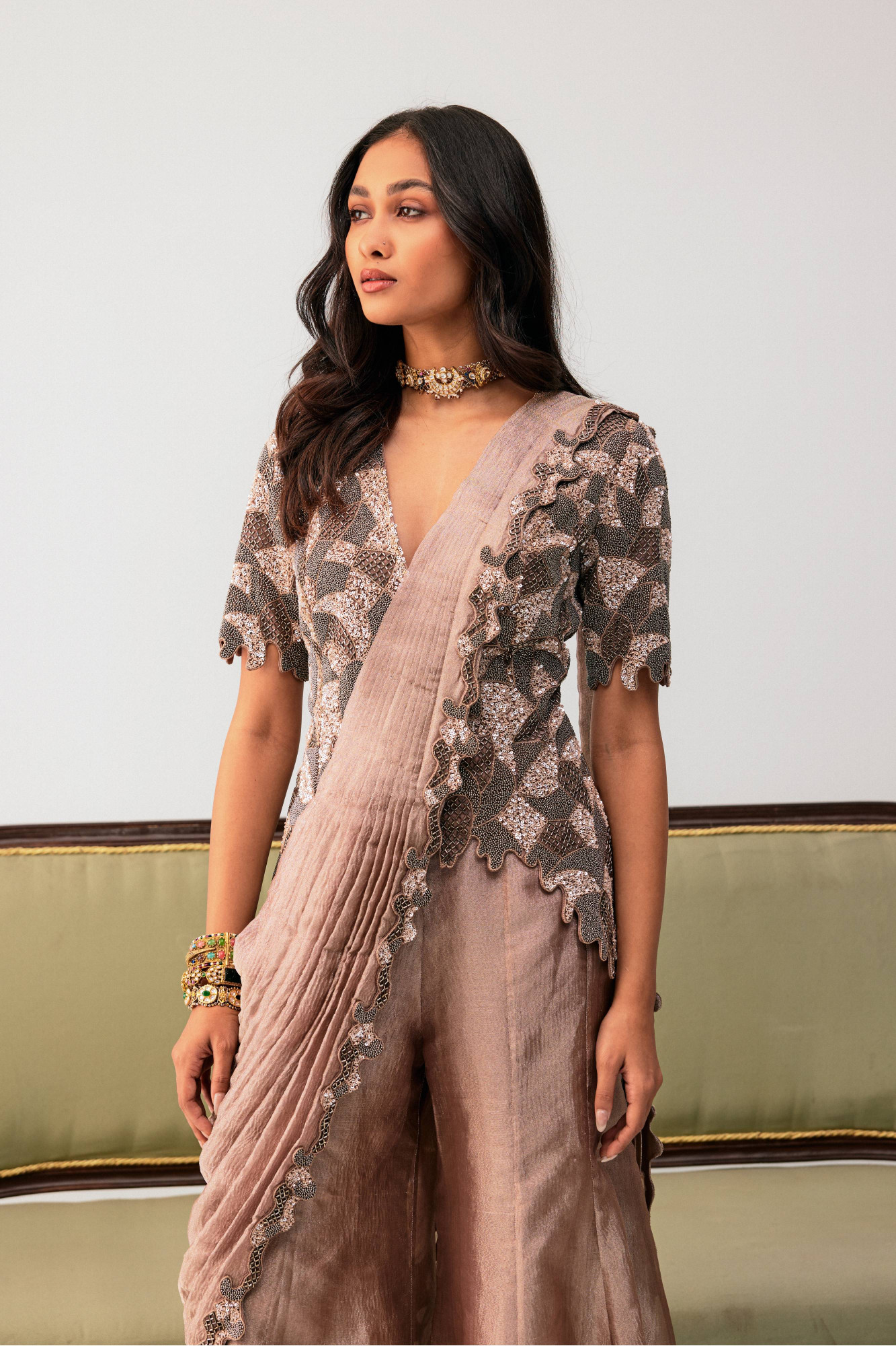 Oldrose sharara saree with jacket blouse