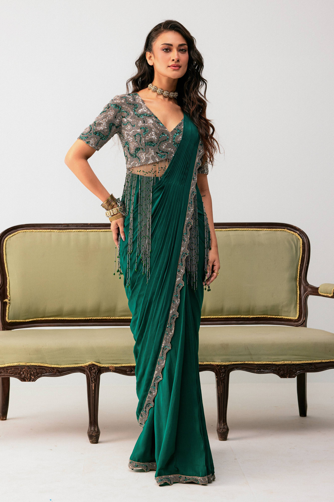 GREEN DRAPE SAREE WITH BEIGE BLOUSE