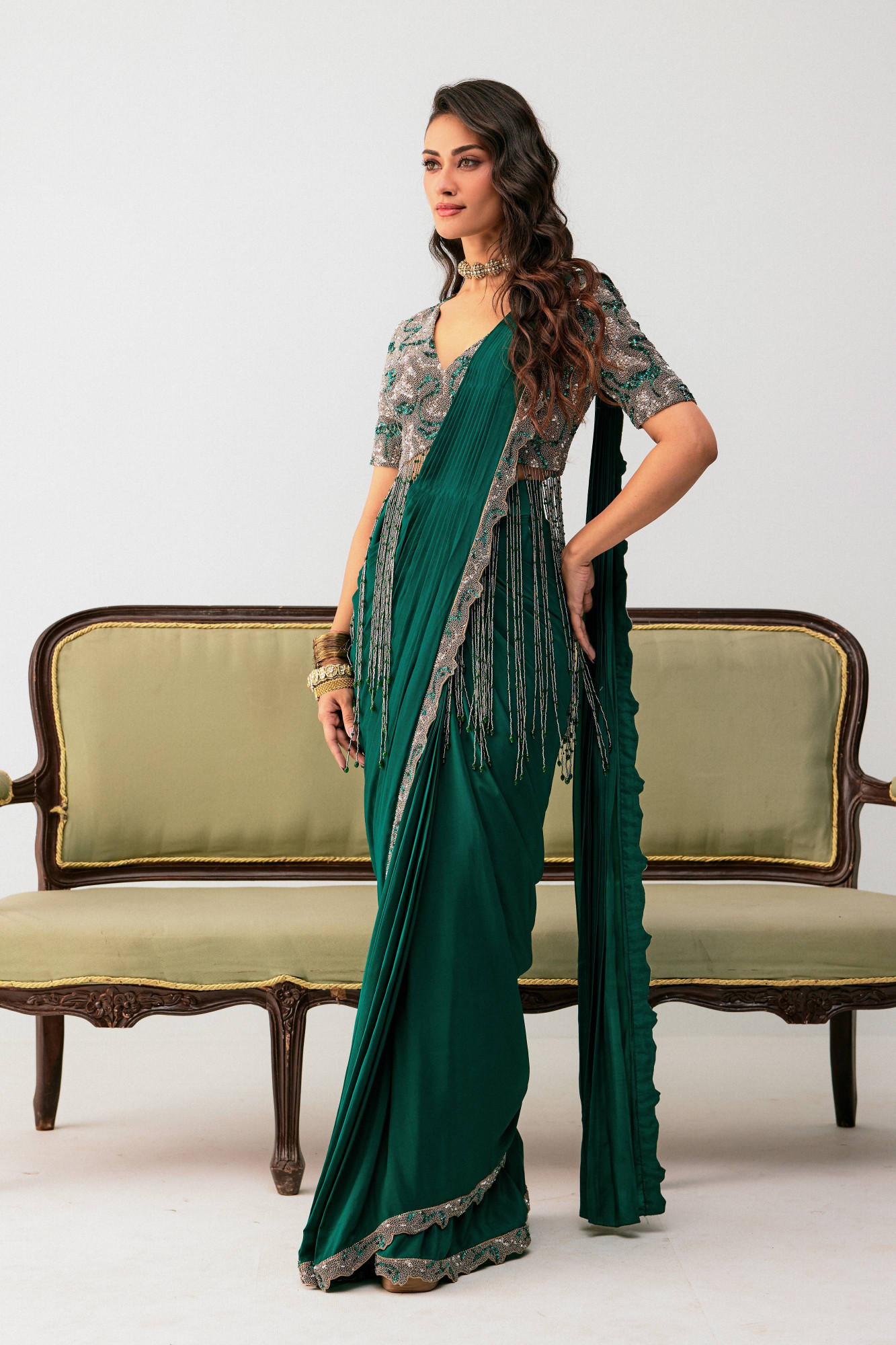 GREEN DRAPE SAREE WITH BEIGE BLOUSE