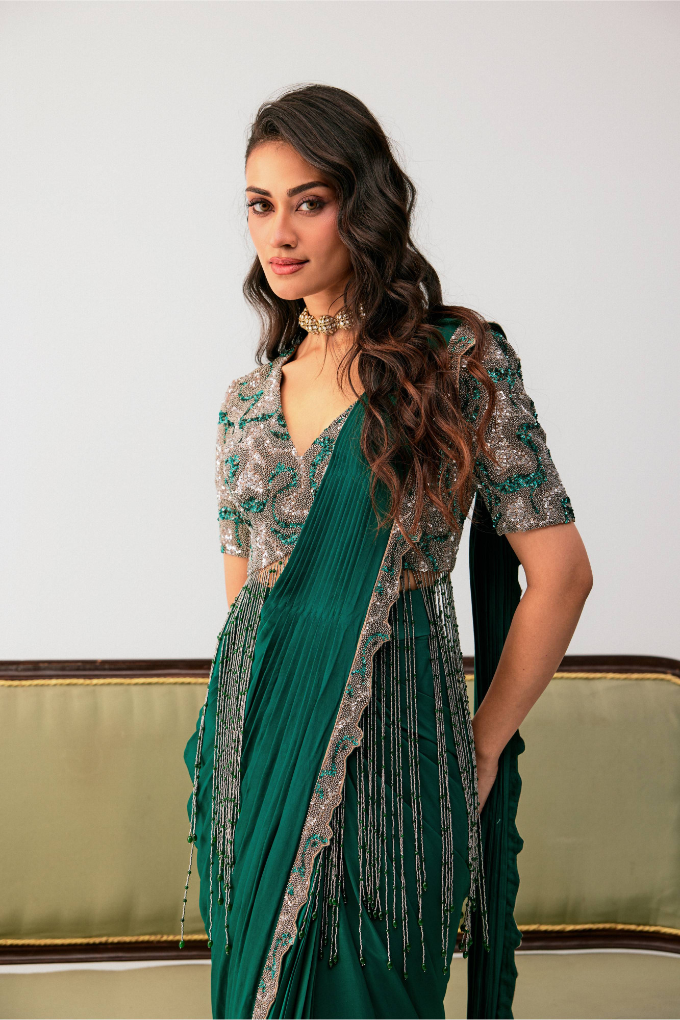 GREEN DRAPE SAREE WITH BEIGE BLOUSE