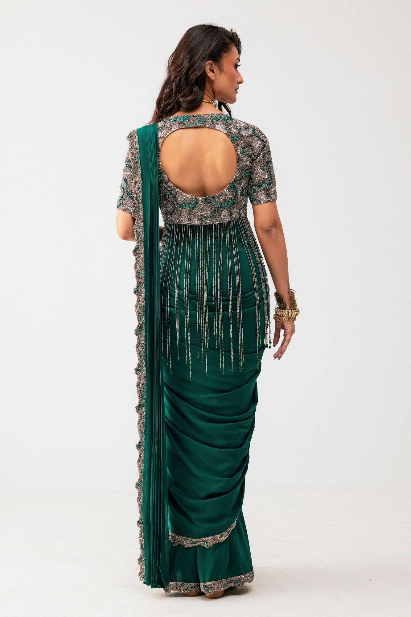 GREEN DRAPE SAREE WITH BEIGE BLOUSE
