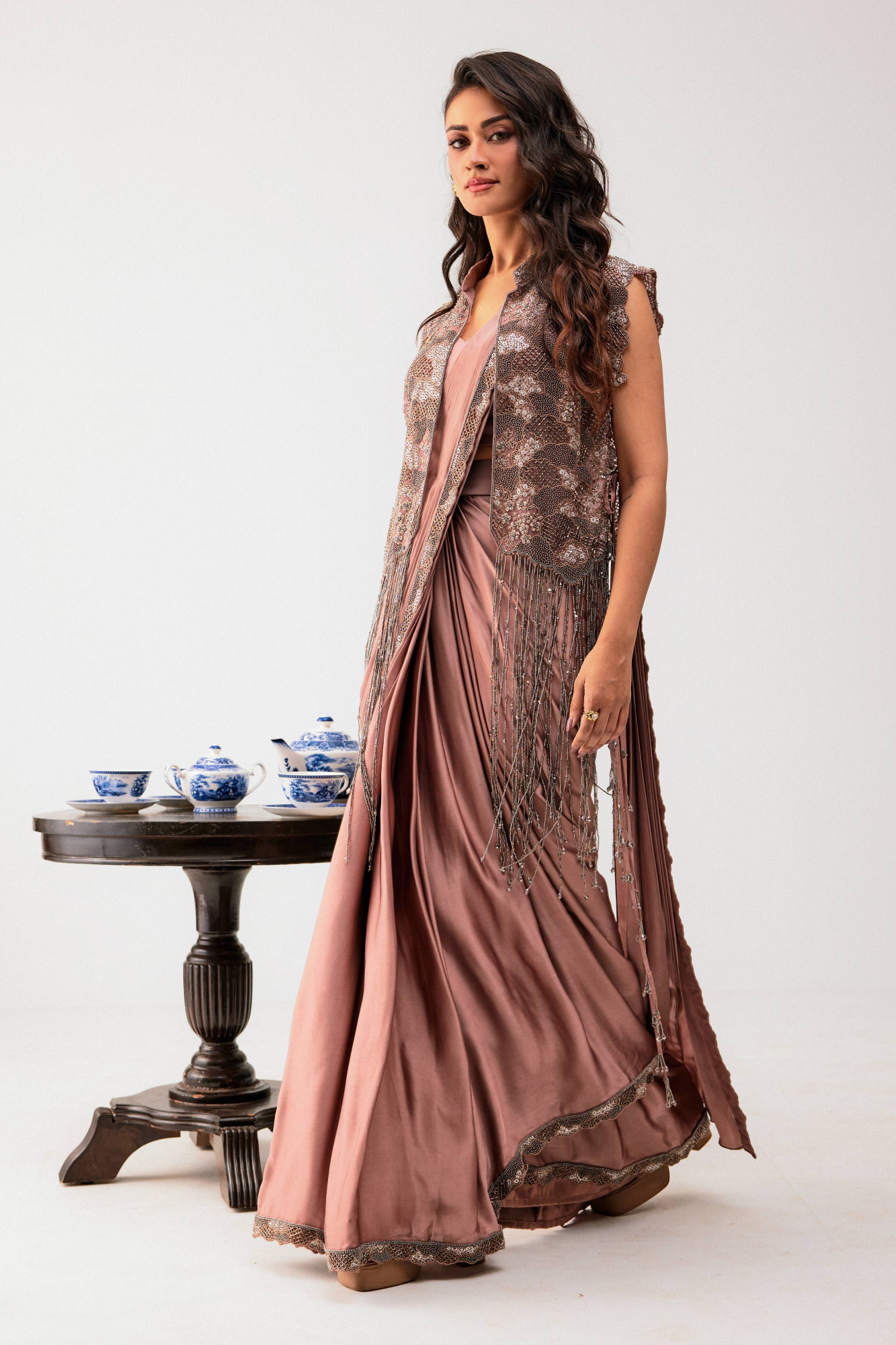 SANDRIFT DRAPE SAREE WITH BUSTIER AND OVERLAYER JACKET
