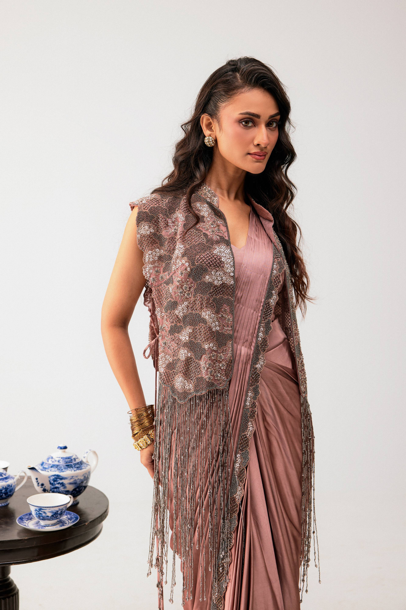 SANDRIFT DRAPE SAREE WITH BUSTIER AND OVERLAYER JACKET