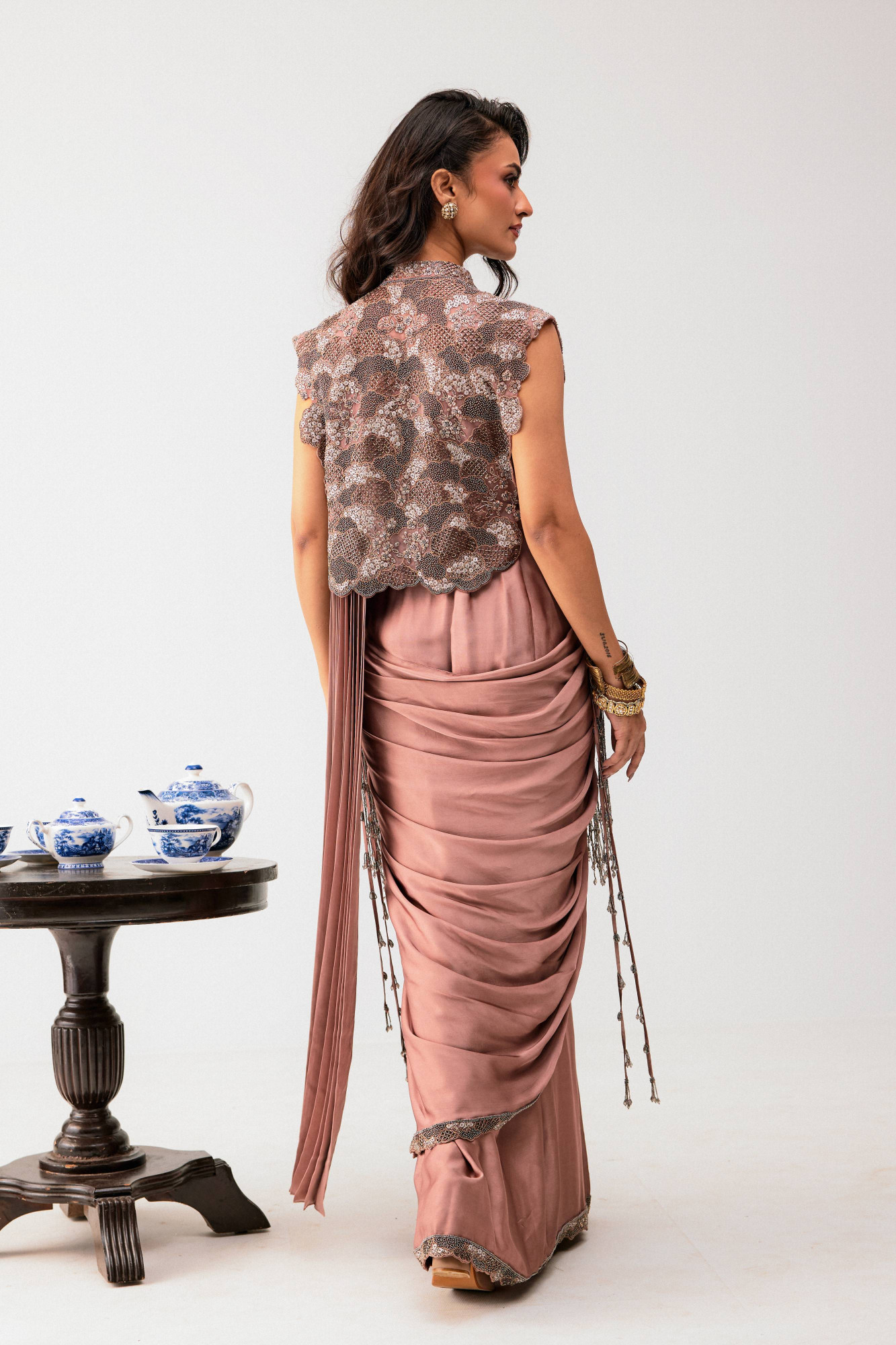 SANDRIFT DRAPE SAREE WITH BUSTIER AND OVERLAYER JACKET