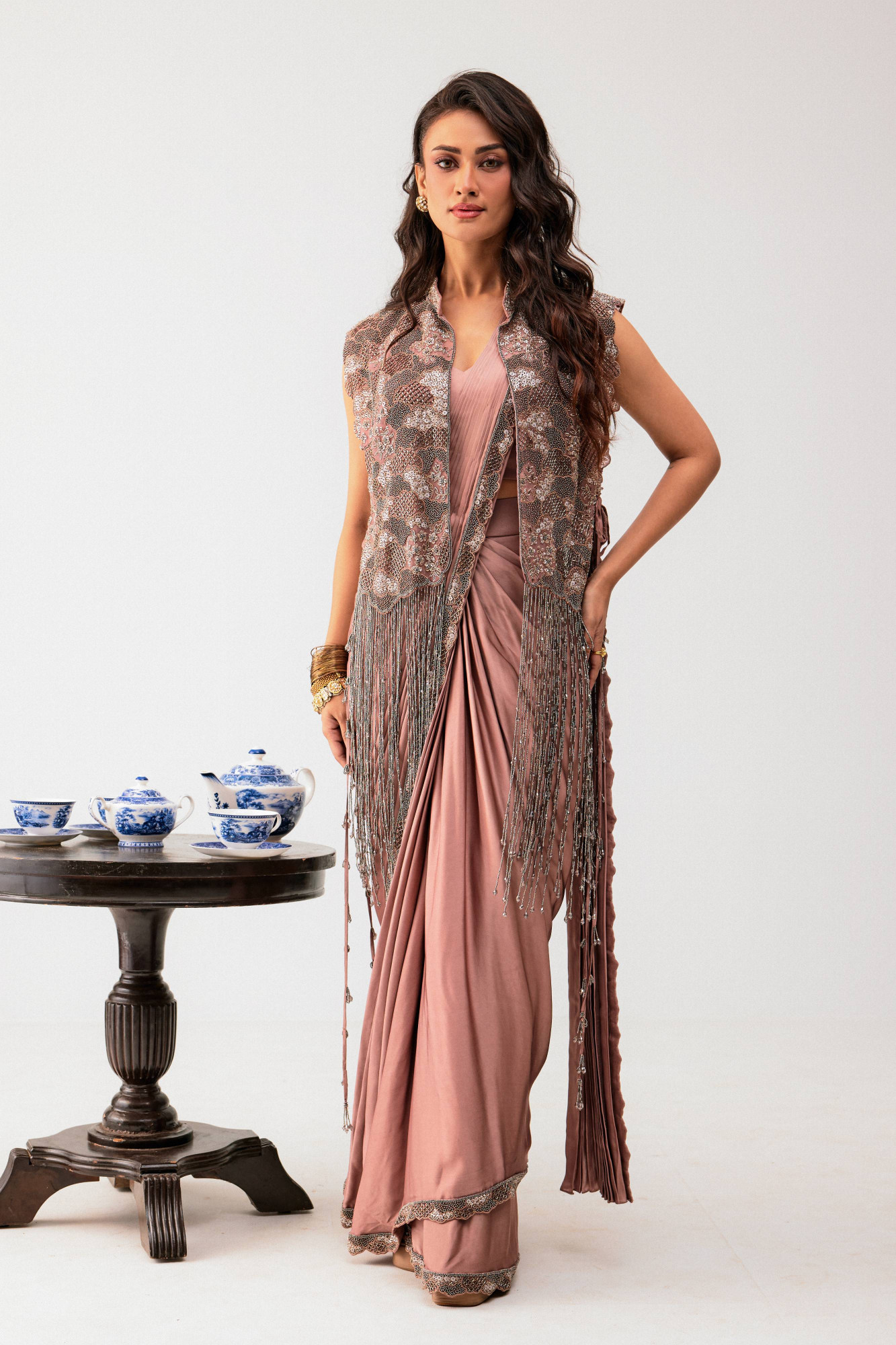 SANDRIFT DRAPE SAREE WITH BUSTIER AND OVERLAYER JACKET
