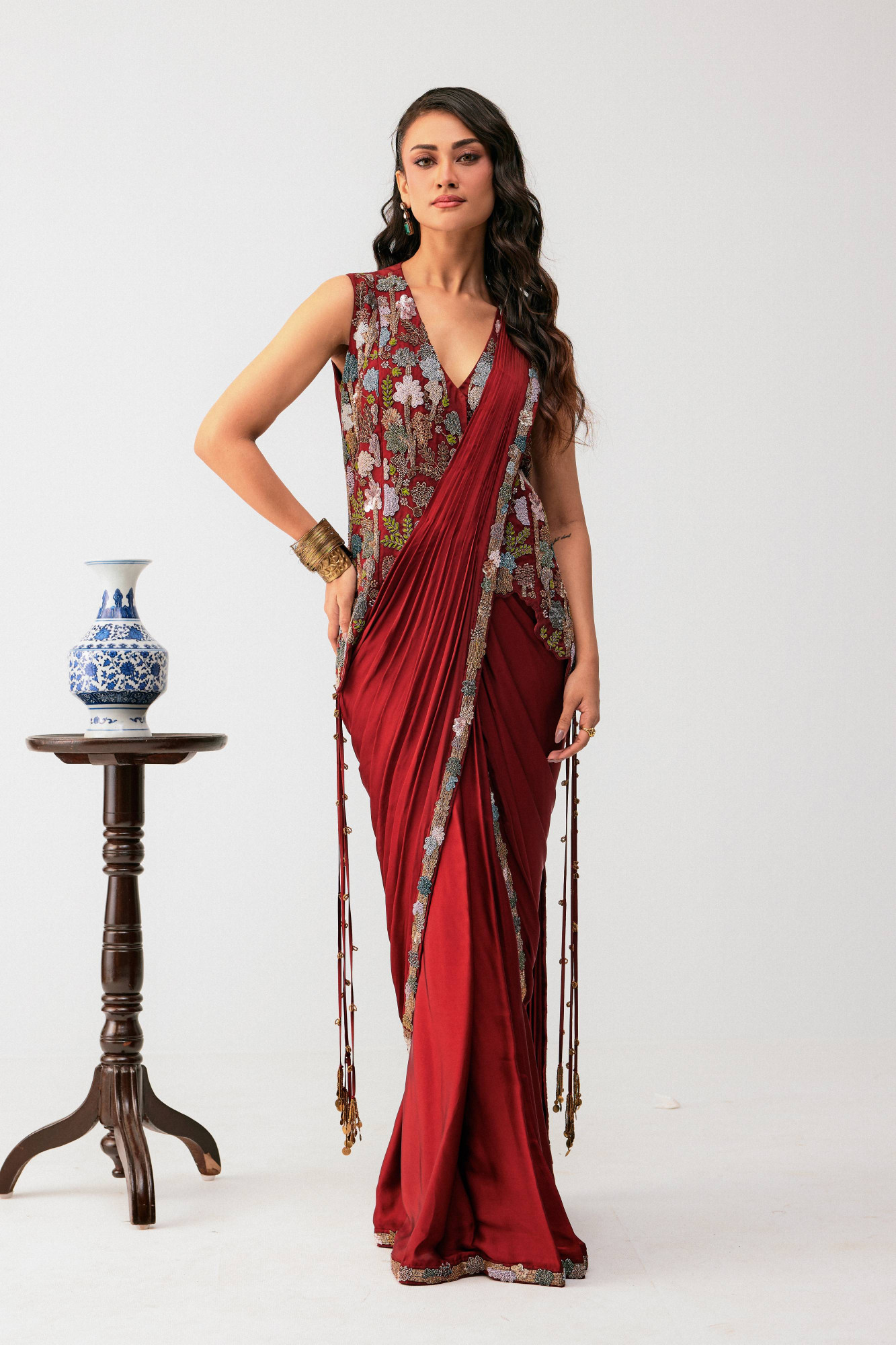 MAROON DRAPE SAREE WITH JACKET