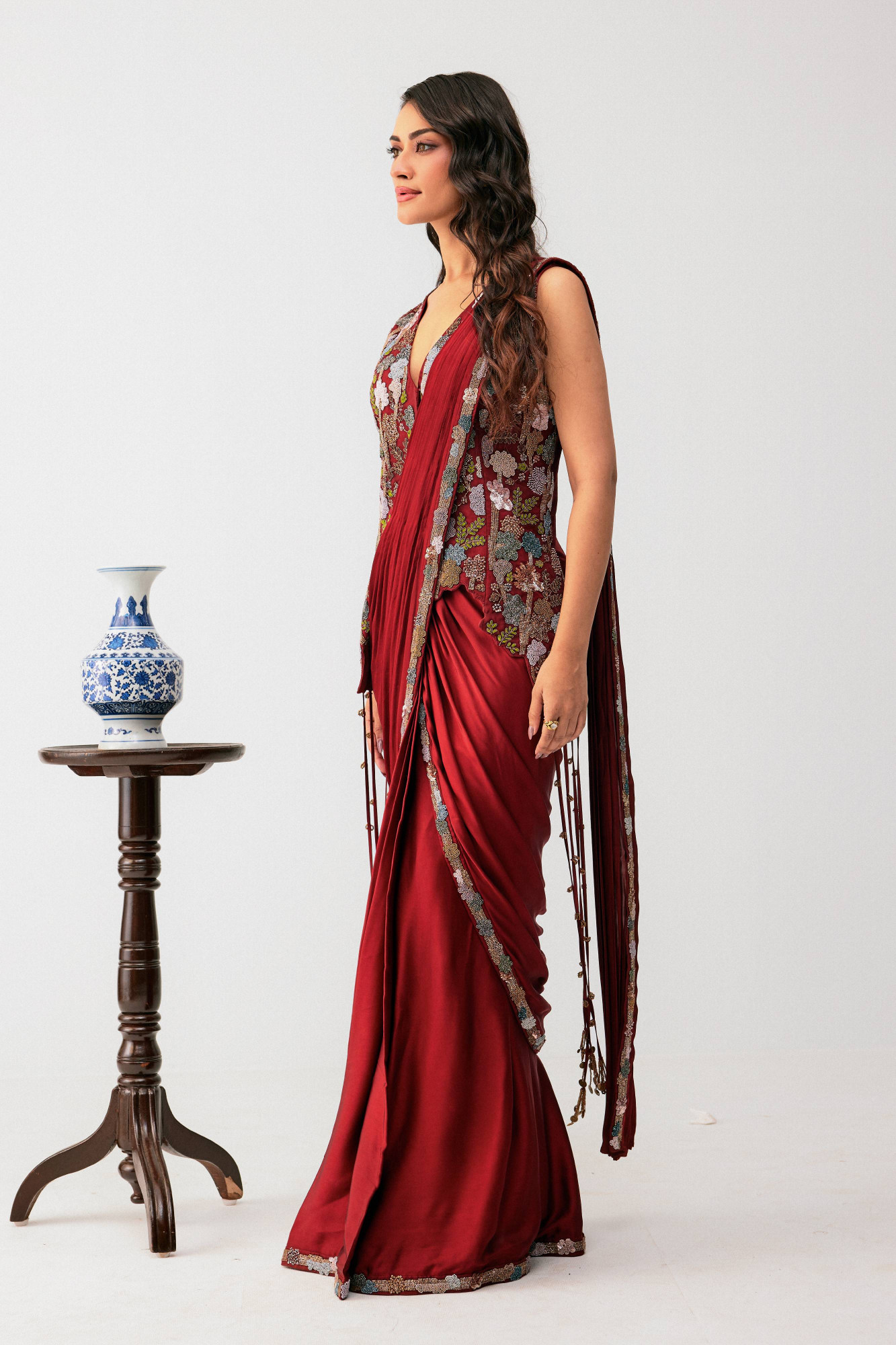MAROON DRAPE SAREE WITH JACKET