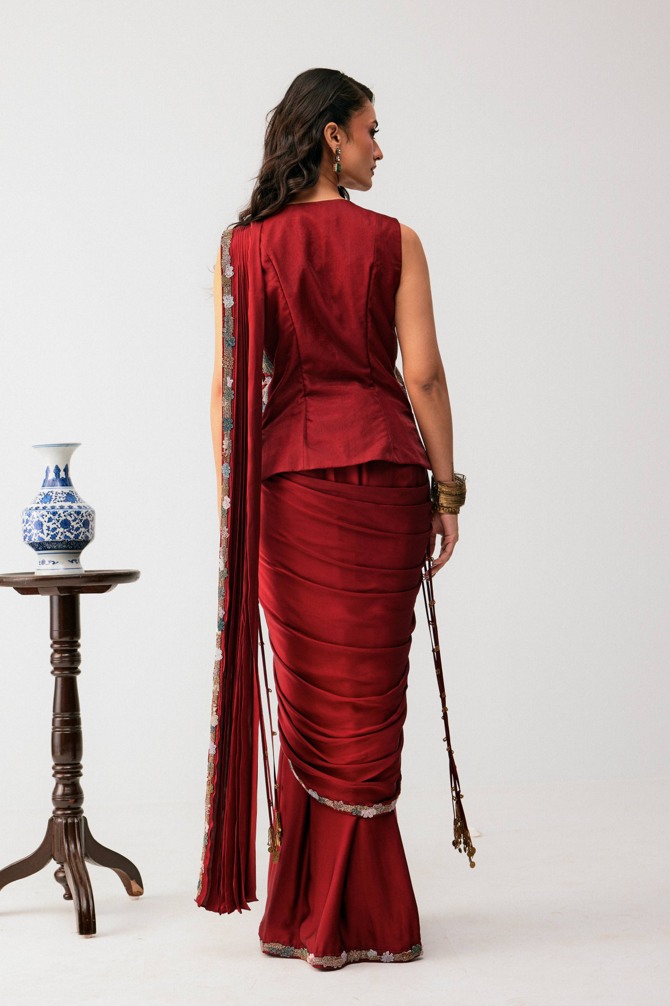 MAROON DRAPE SAREE WITH JACKET
