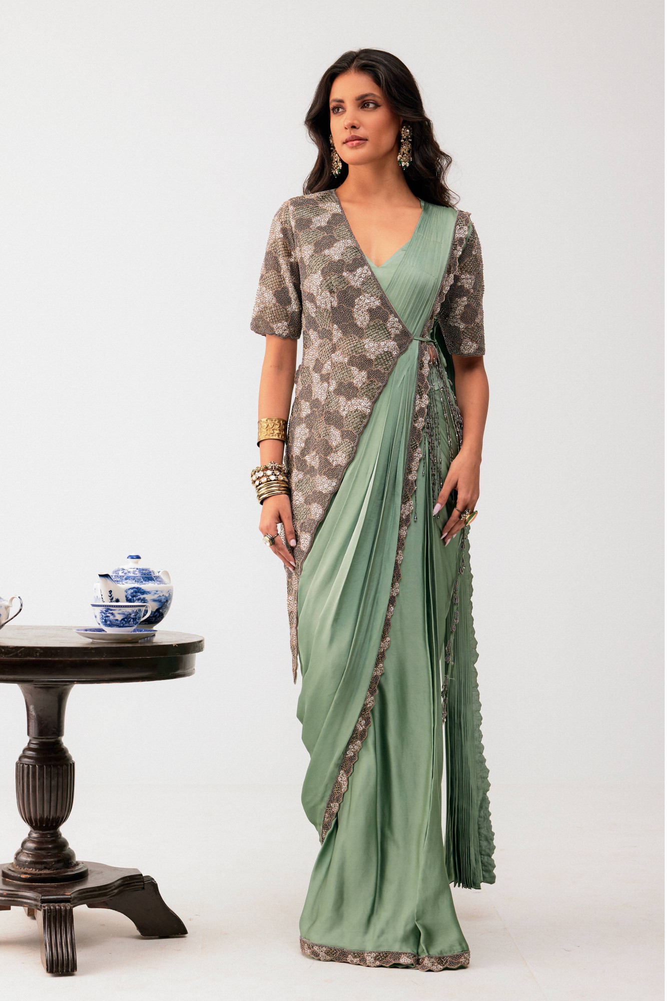 Aqua drape saree with jacket blouse