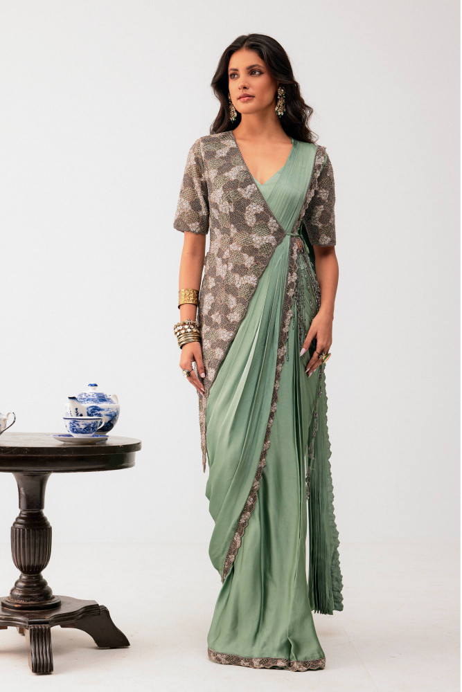 Aqua drape saree with jacket blouse