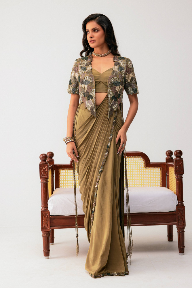 SAP GREEN DRAPE SAREE WITH JACKET