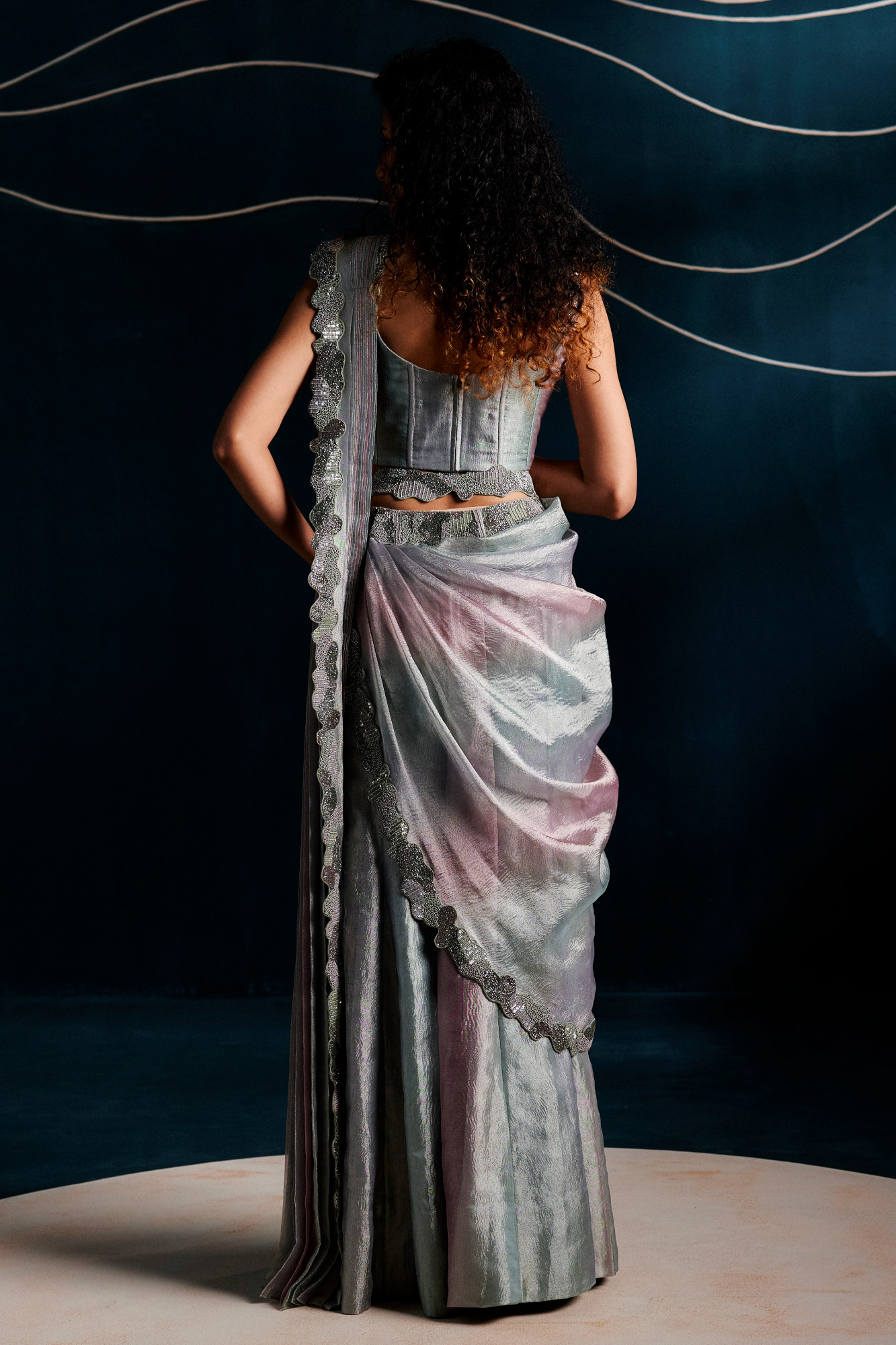 DUSKY BLUE - PINK DRAPE SAREE SET