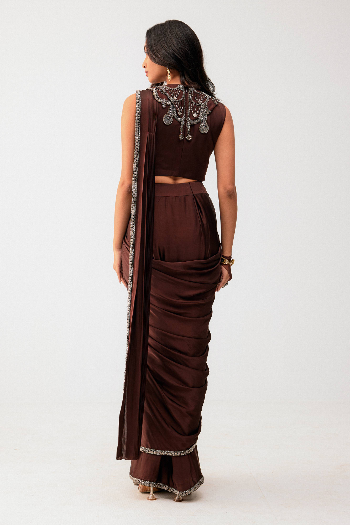 BROWN DRAPE SAREE WITH EMBELLISHED BLOUSE