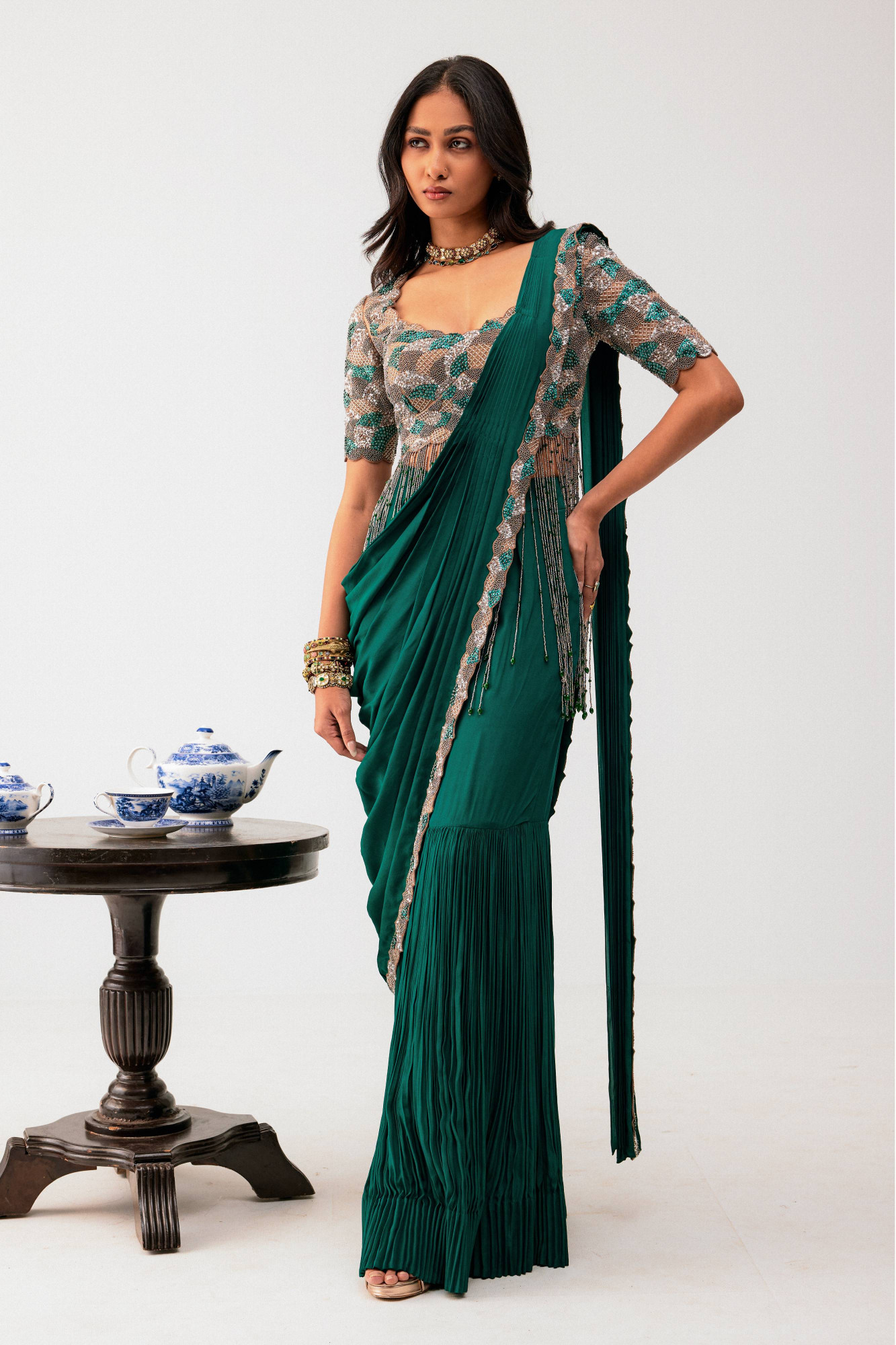 GREEN SHARARA  SAREE WITH BEIGE BLOUSE