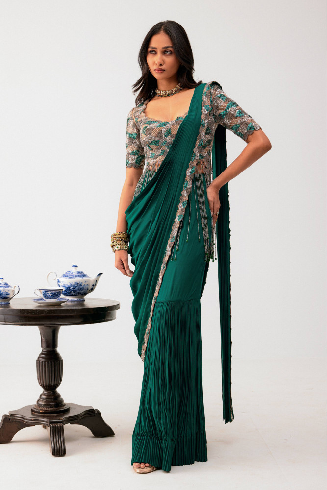 GREEN SHARARA  SAREE WITH BEIGE BLOUSE