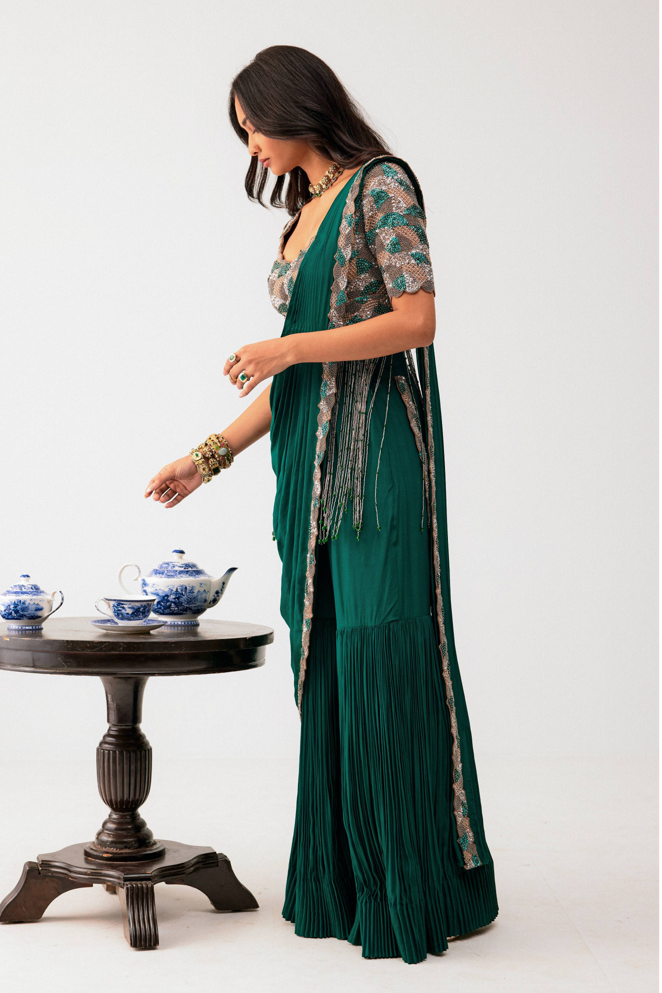 GREEN SHARARA  SAREE WITH BEIGE BLOUSE
