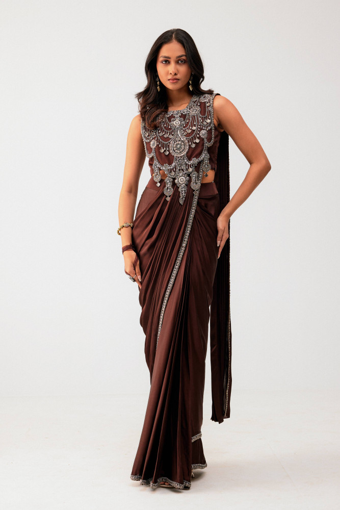 BROWN DRAPE SAREE WITH EMBELLISHED BLOUSE