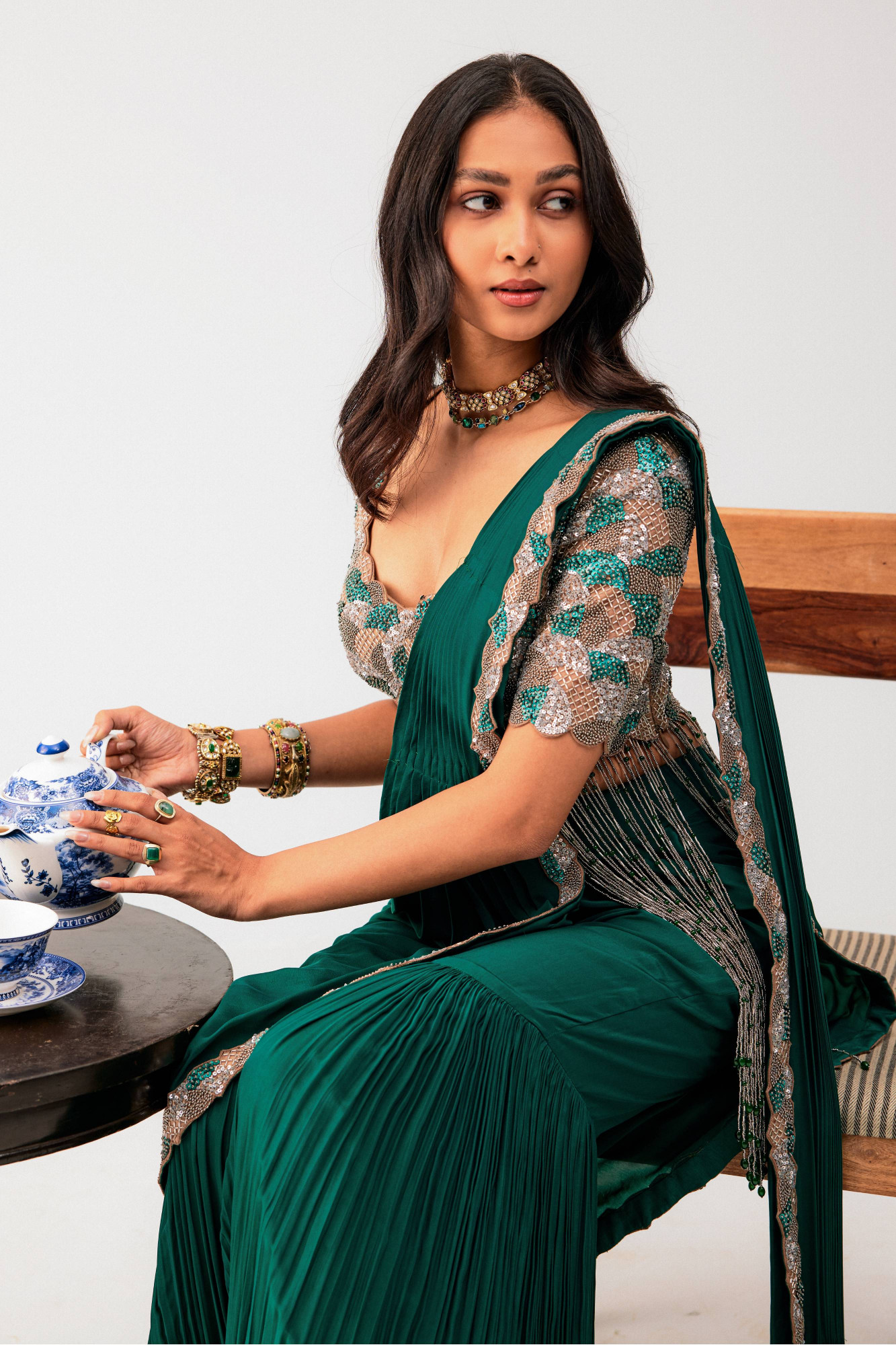 GREEN SHARARA  SAREE WITH BEIGE BLOUSE