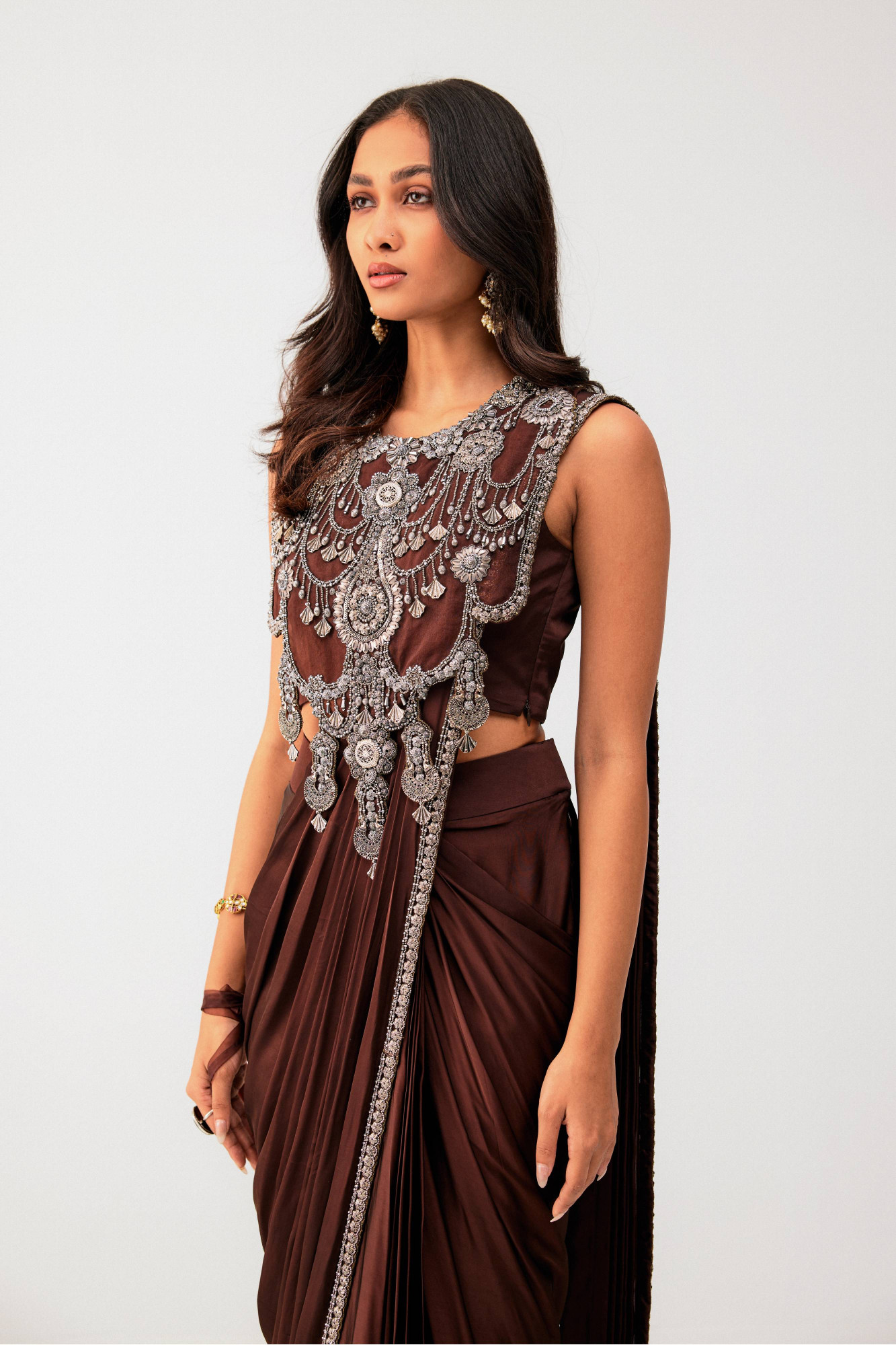 BROWN DRAPE SAREE WITH EMBELLISHED BLOUSE