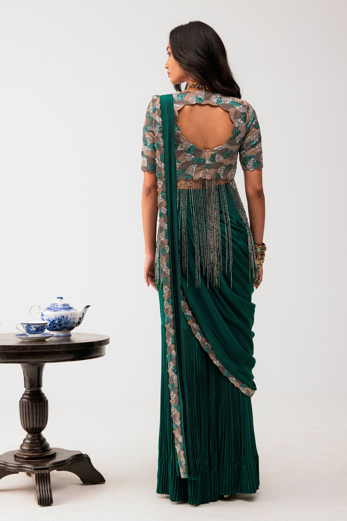 GREEN SHARARA  SAREE WITH BEIGE BLOUSE