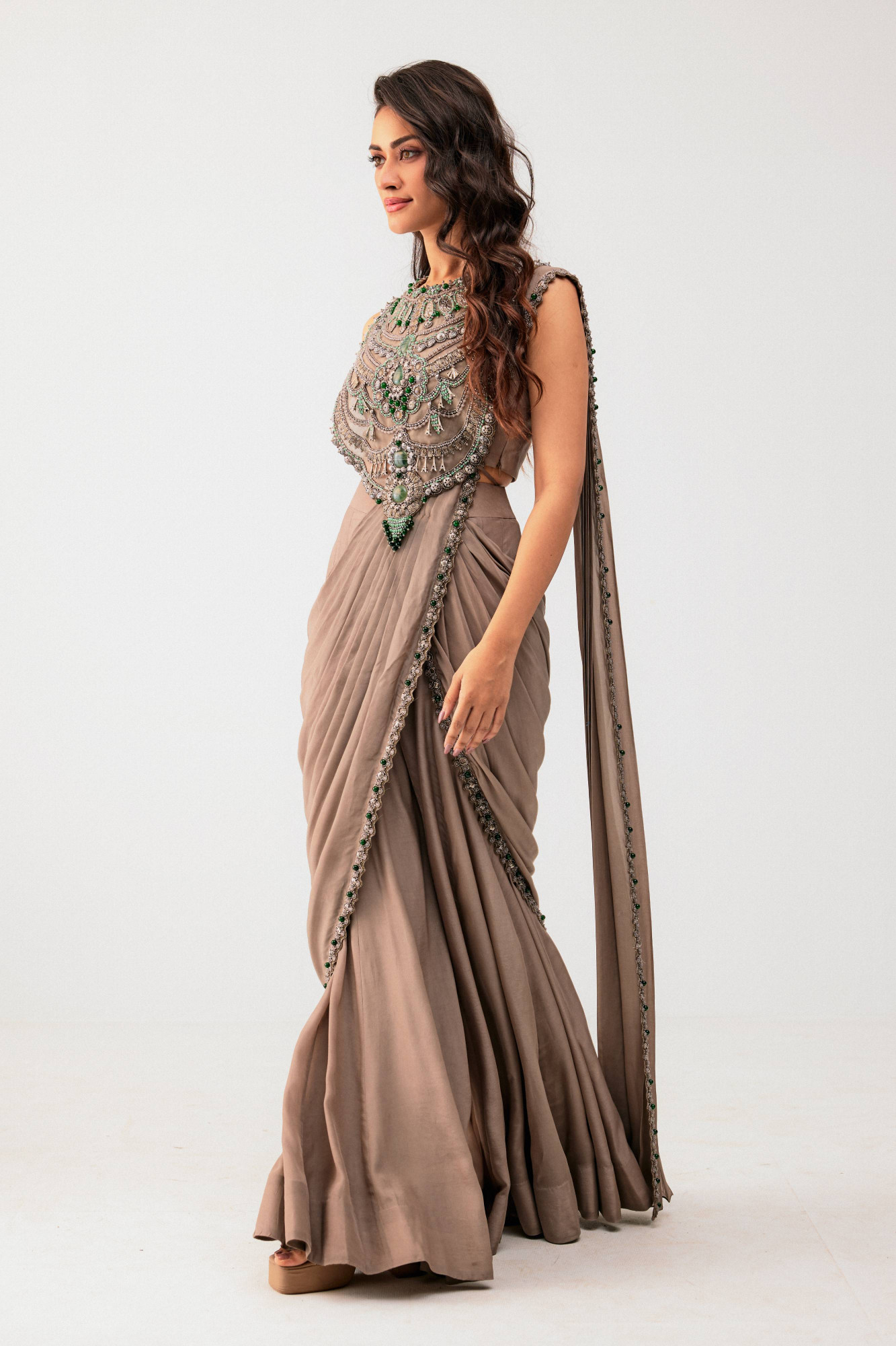 GREY DRAPE SAREE WITH EMBELLISHED BLOUSE