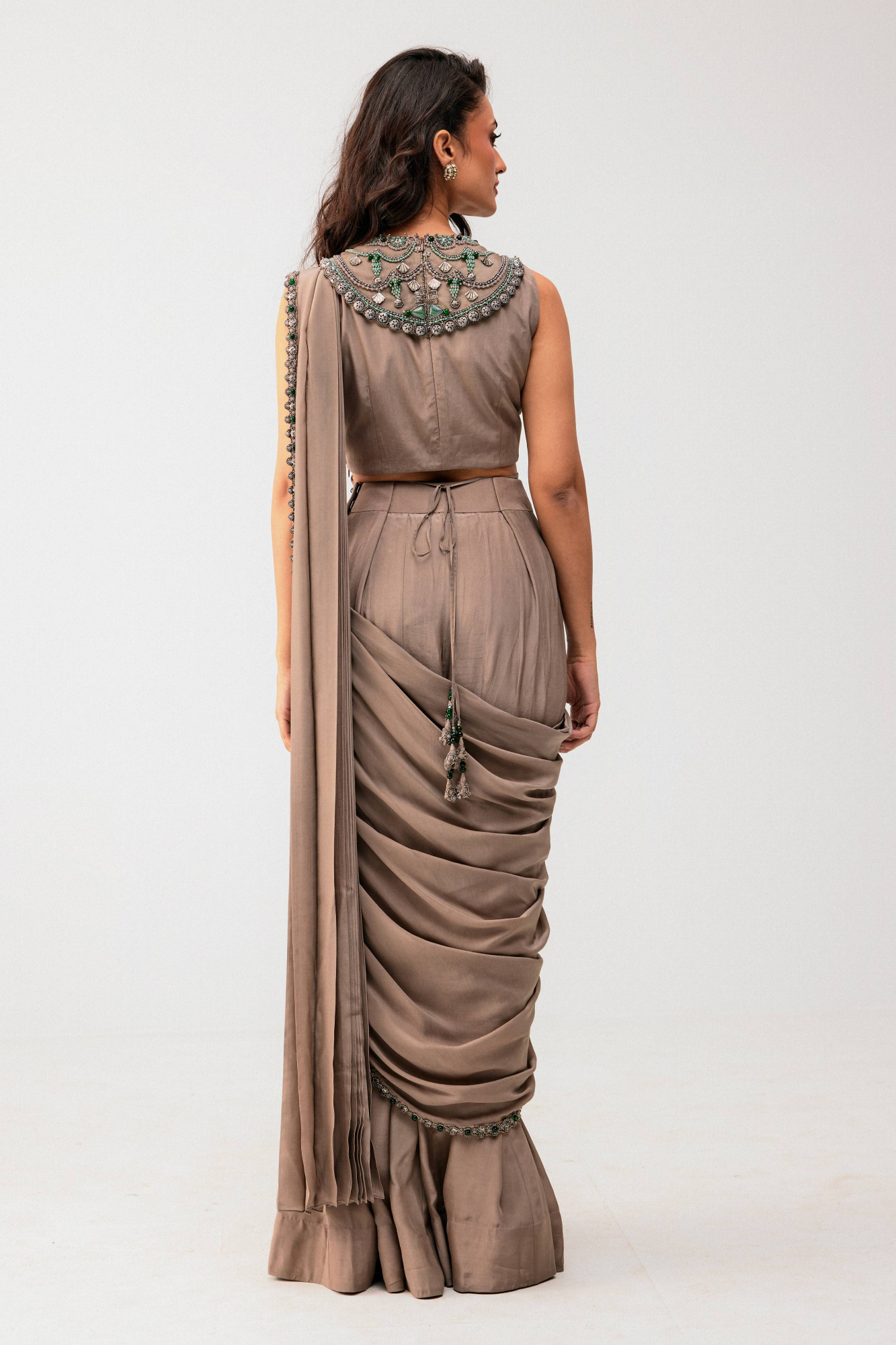 GREY DRAPE SAREE WITH EMBELLISHED BLOUSE