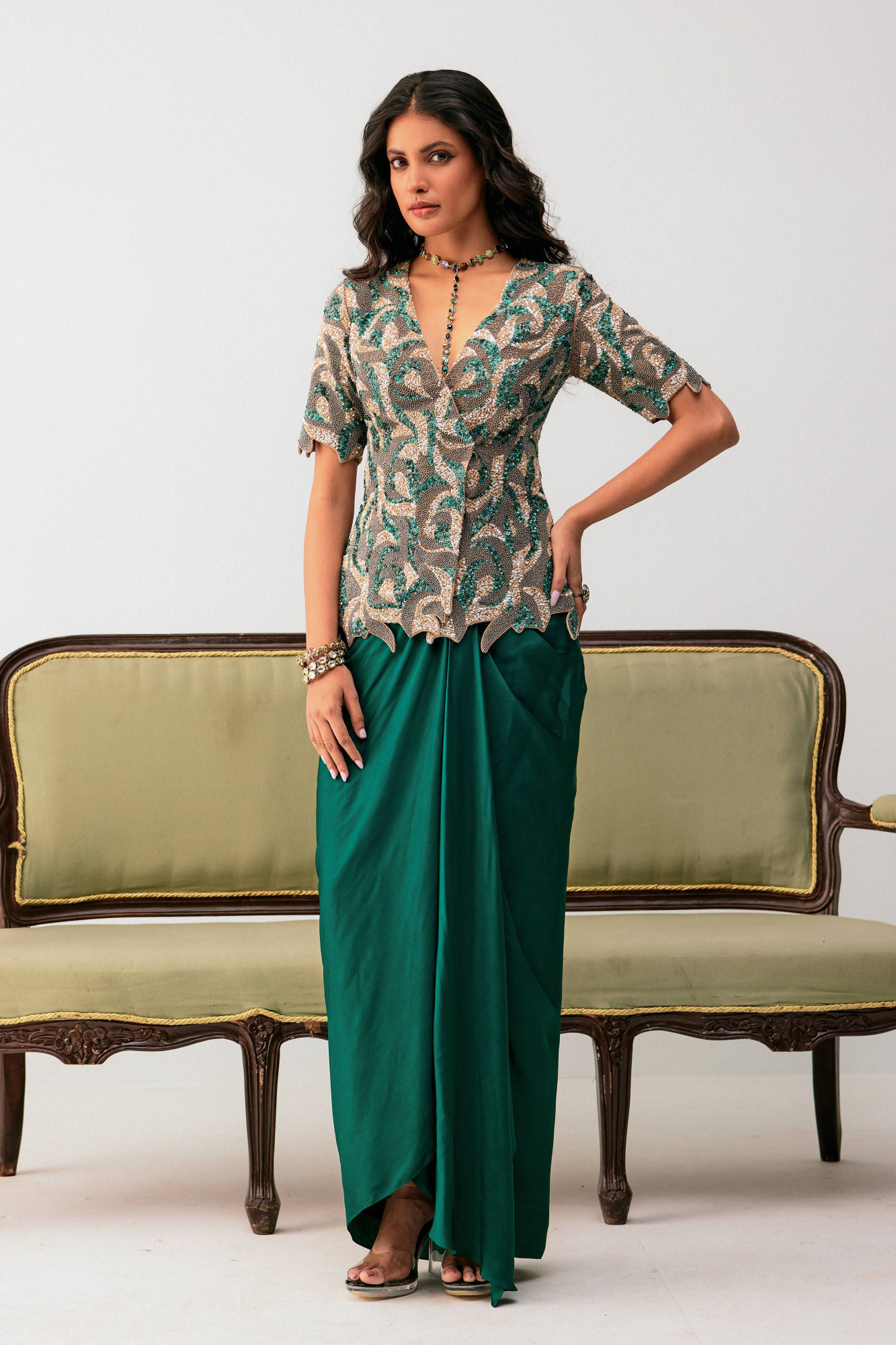 EMBROIDERED WRAP TOP WITH GREEN DRAPE SKIRT