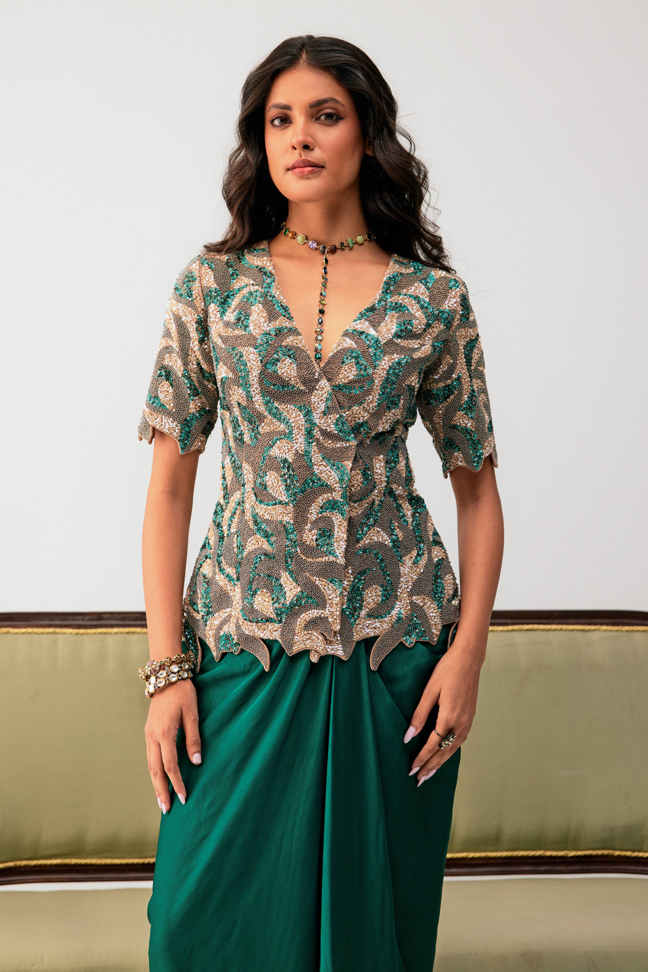 EMBROIDERED WRAP TOP WITH GREEN DRAPE SKIRT