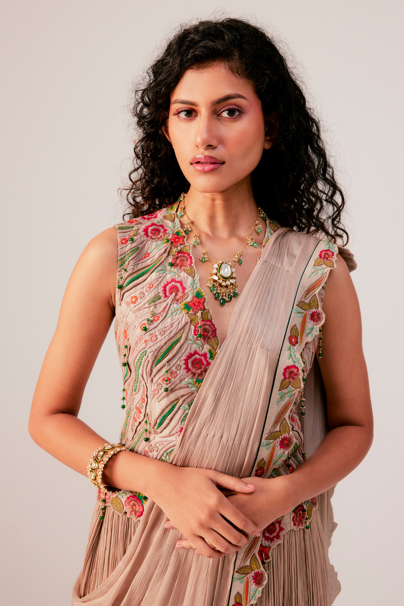 WARM BEIGE DRAPE SAREE SET