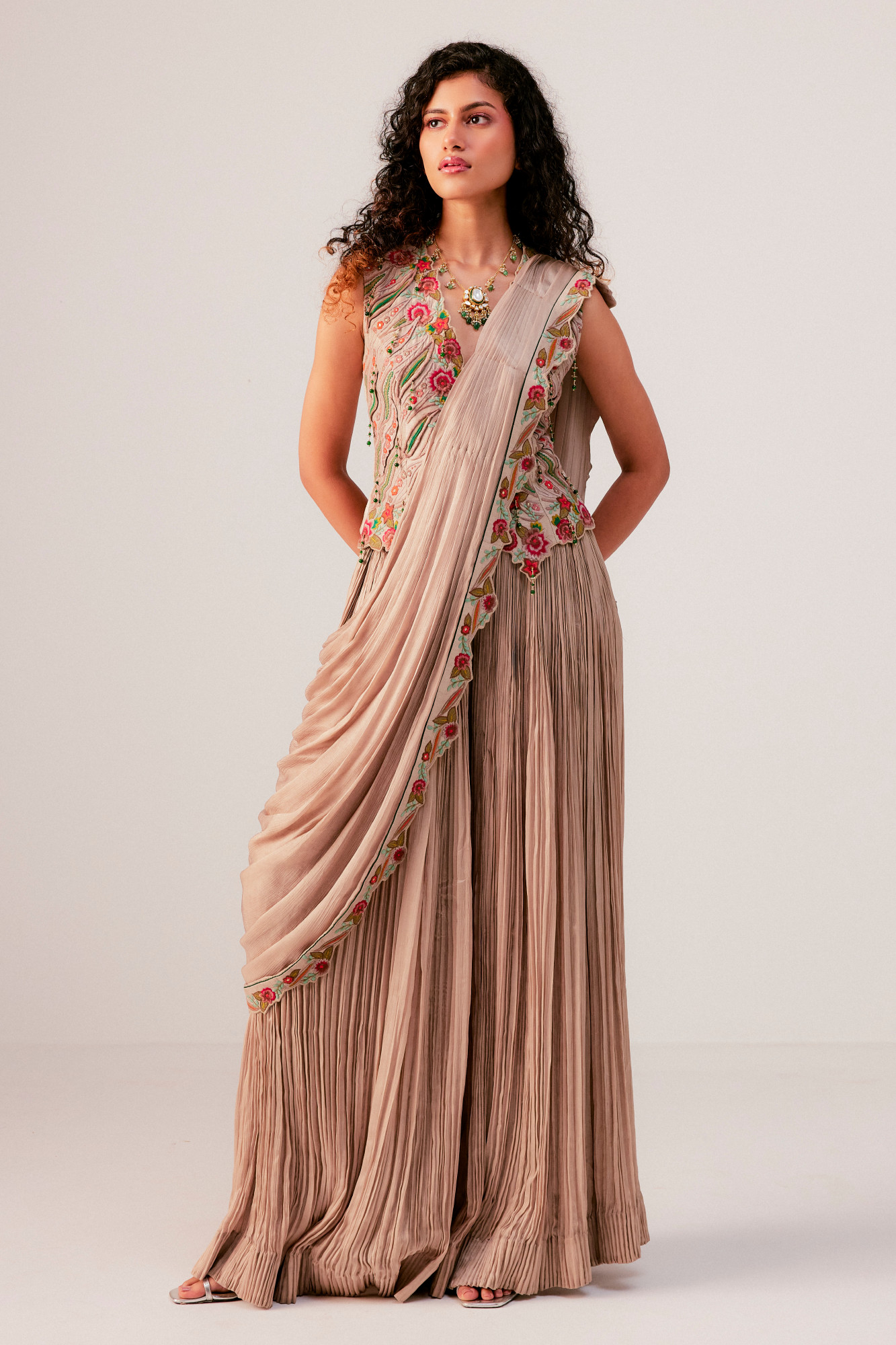 WARM BEIGE DRAPE SAREE SET