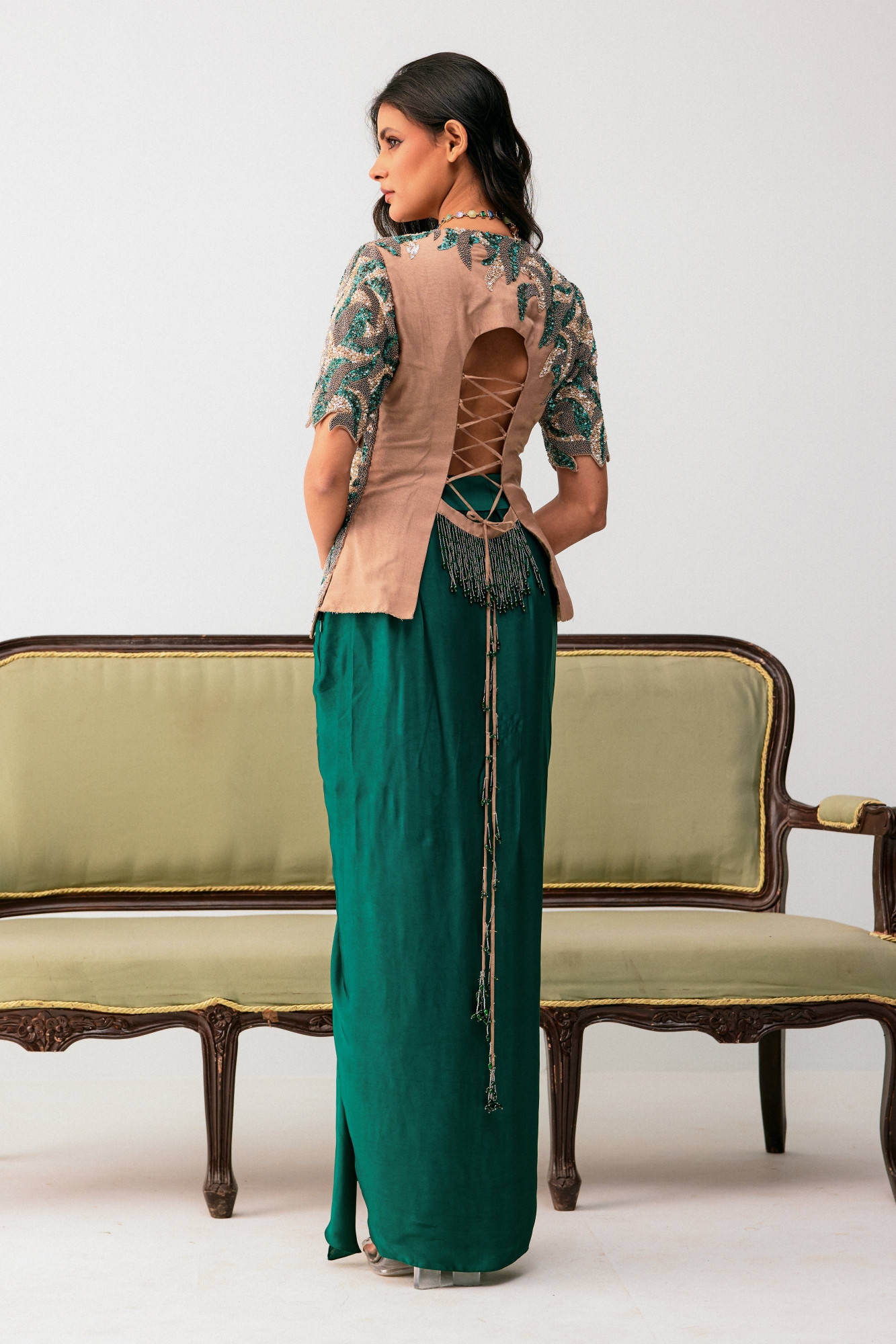 EMBROIDERED WRAP TOP WITH GREEN DRAPE SKIRT