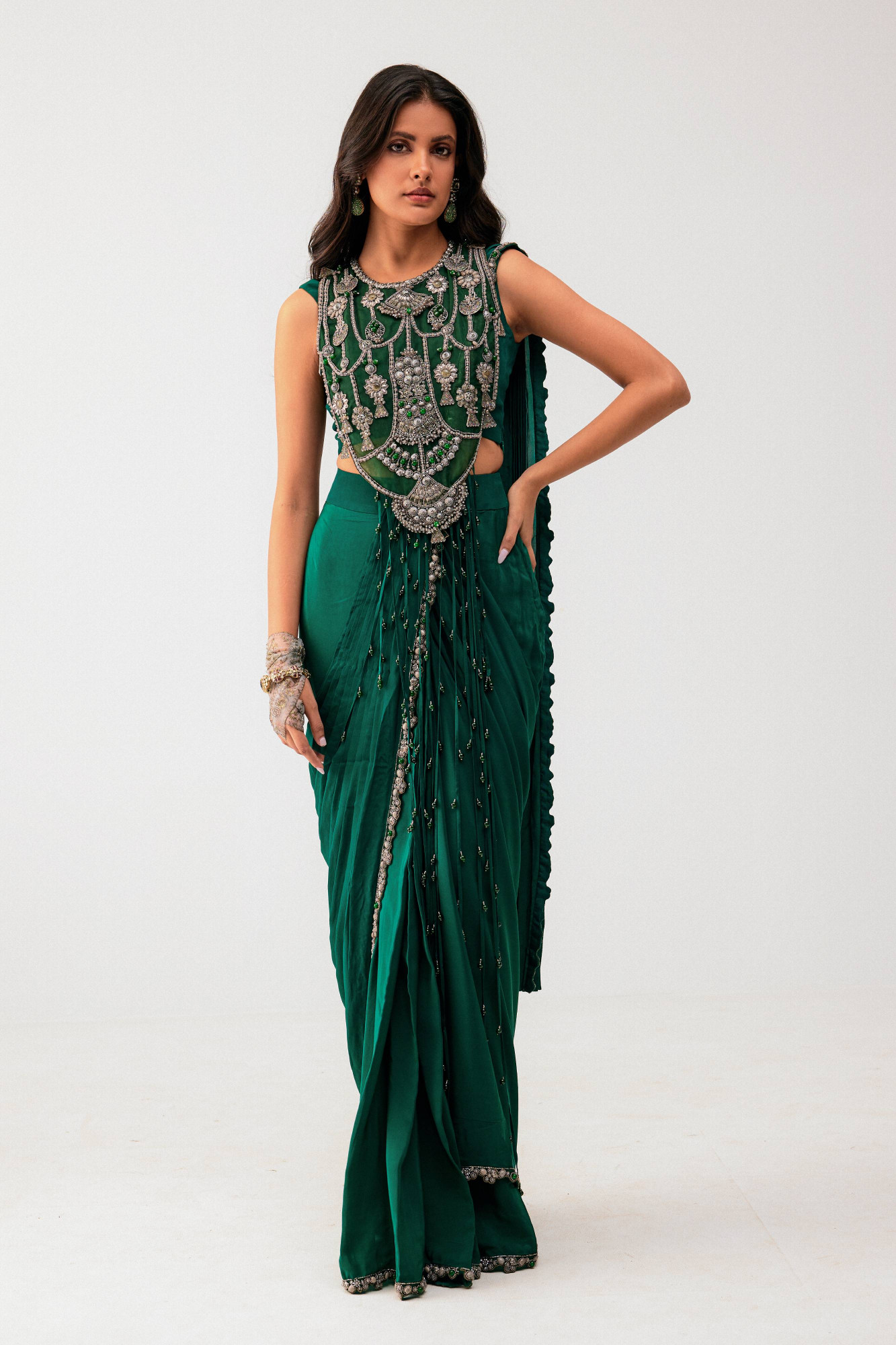 GREEN DRAPE SAREE WITH EMBELLISHED BLOUSE