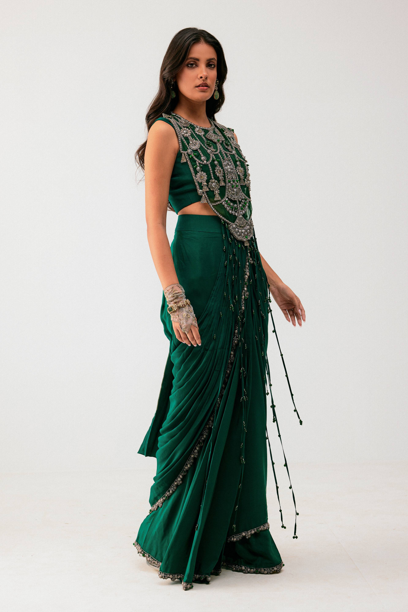 GREEN DRAPE SAREE WITH EMBELLISHED BLOUSE