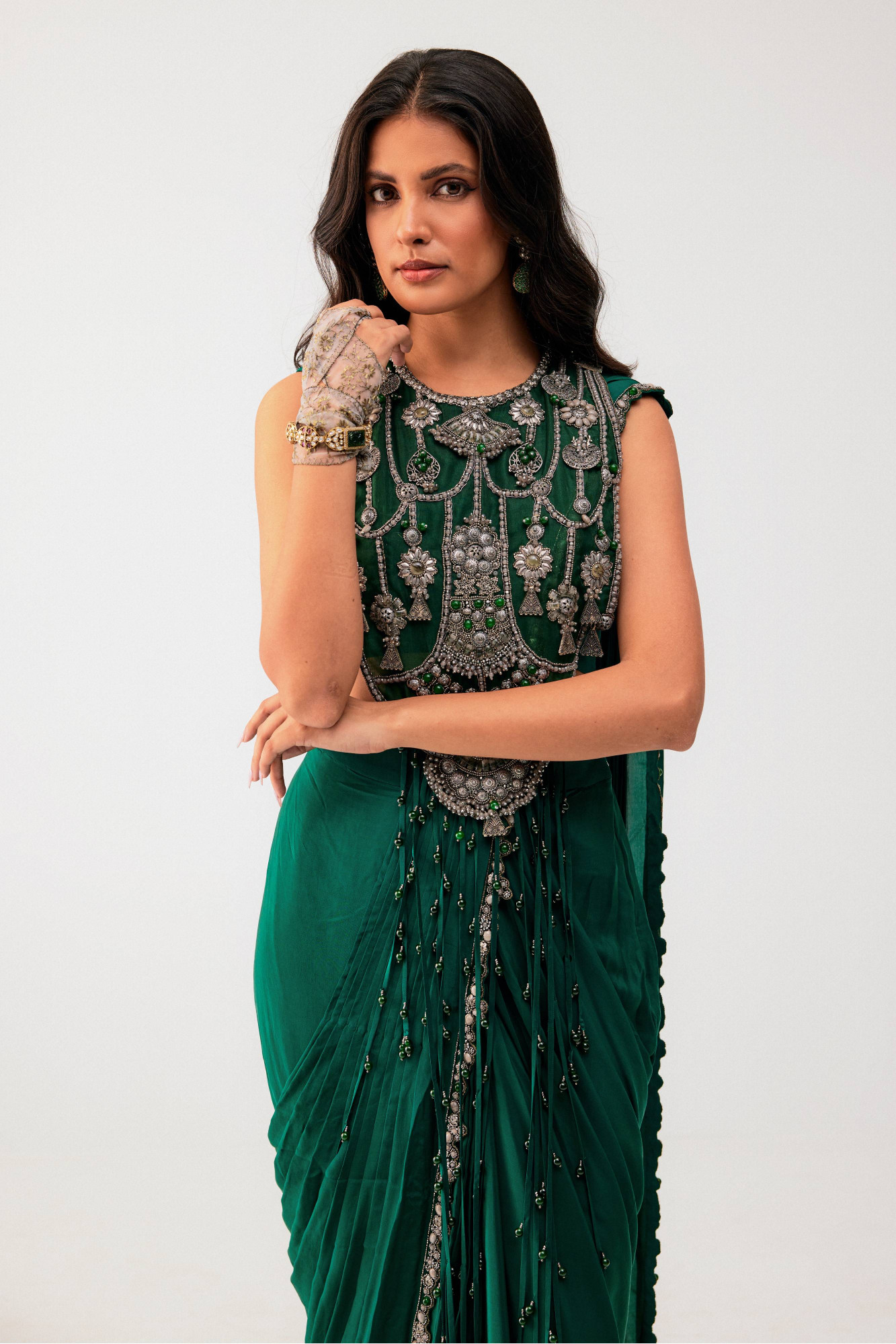 GREEN DRAPE SAREE WITH EMBELLISHED BLOUSE