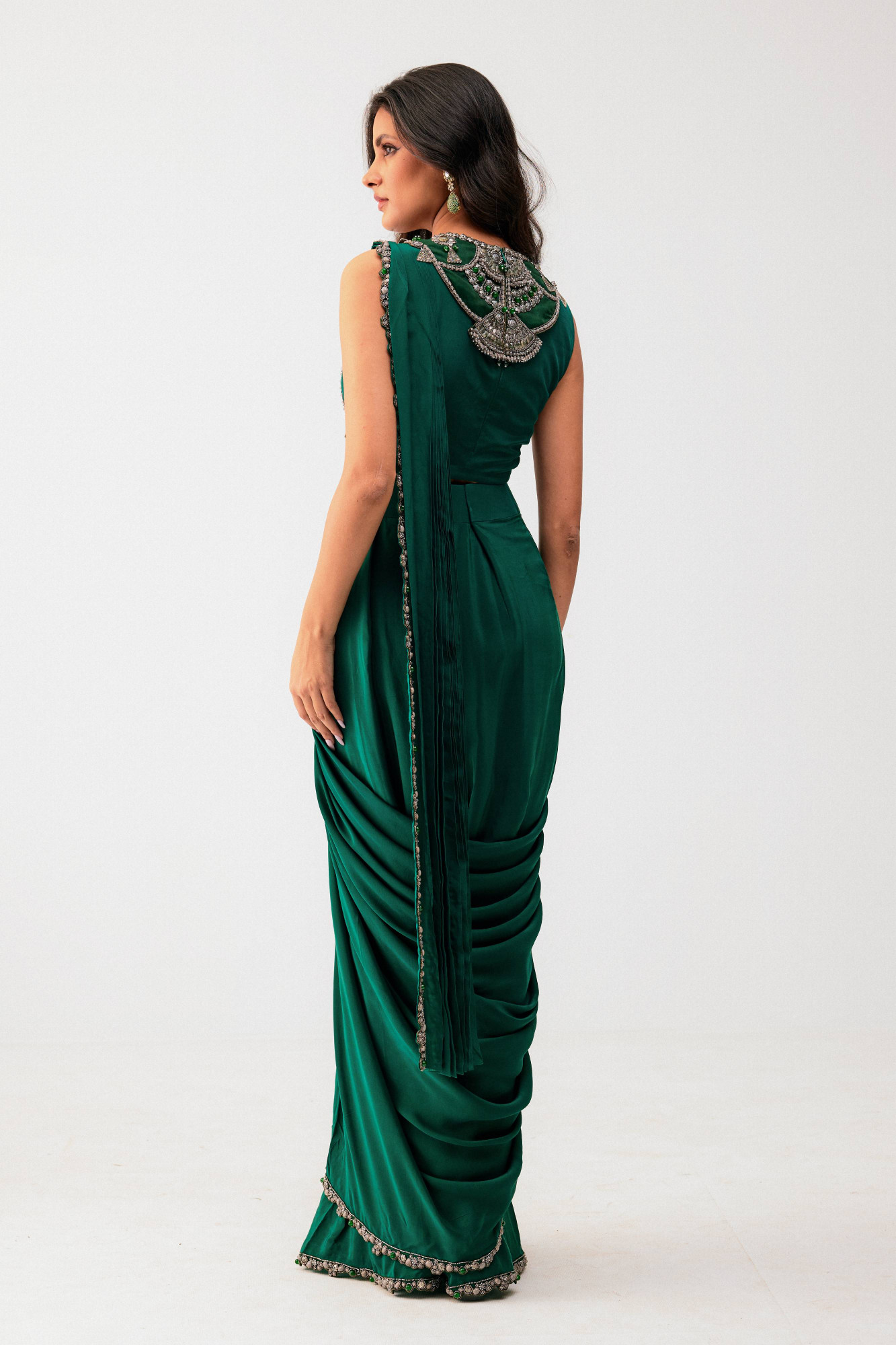 GREEN DRAPE SAREE WITH EMBELLISHED BLOUSE