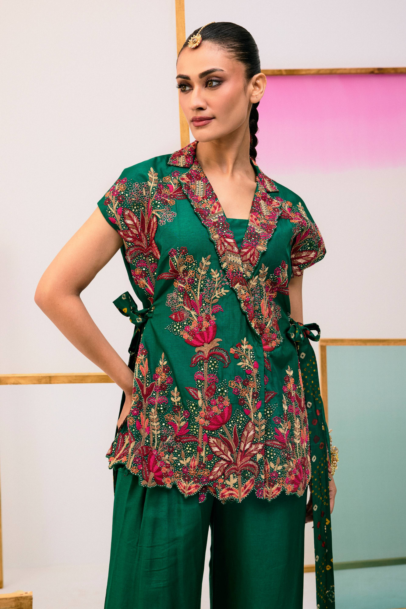 GREEN EMBROIDERED ANTI FIT TOP WITH FLARE PANTS