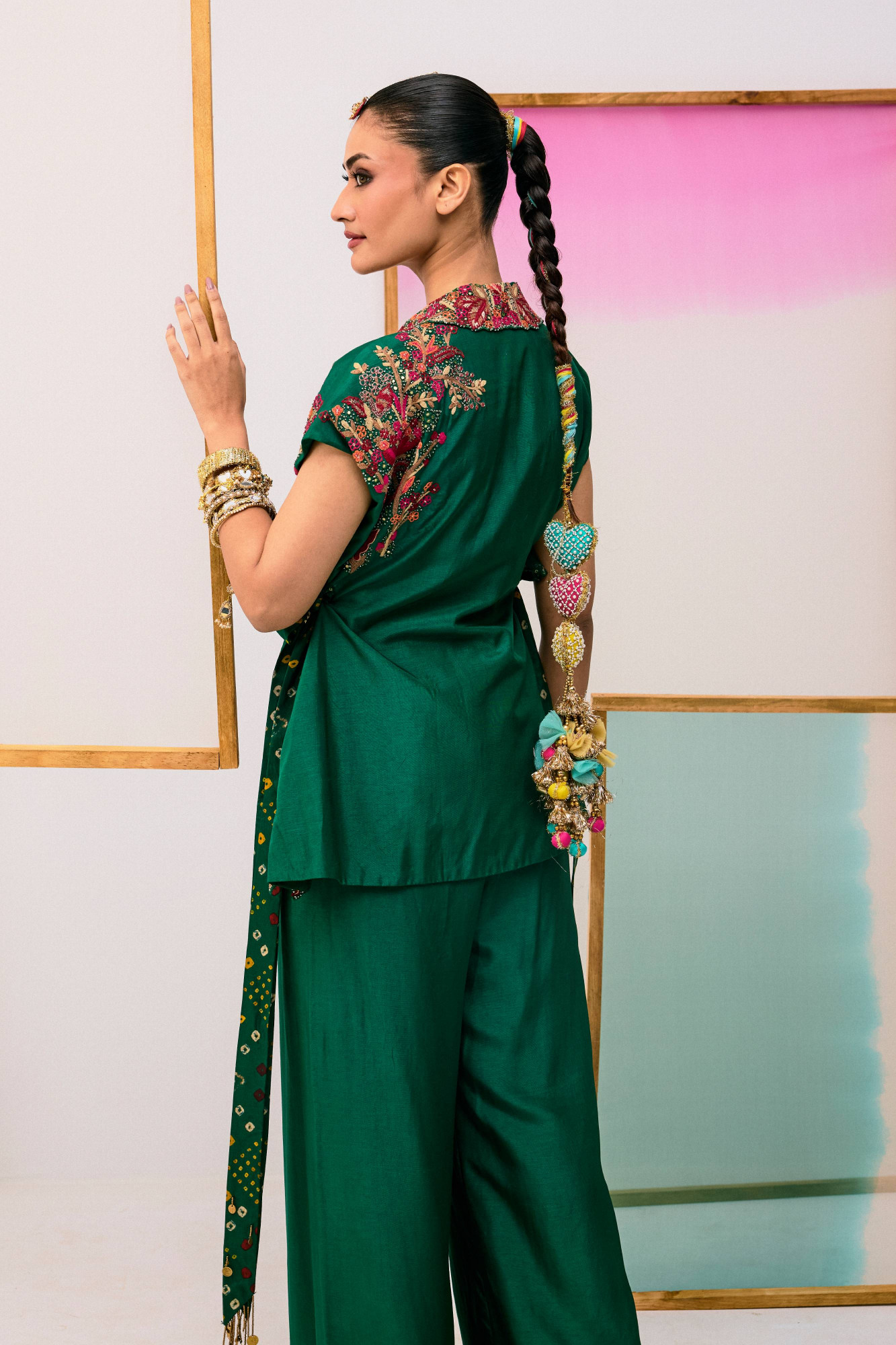 GREEN EMBROIDERED ANTI FIT TOP WITH FLARE PANTS