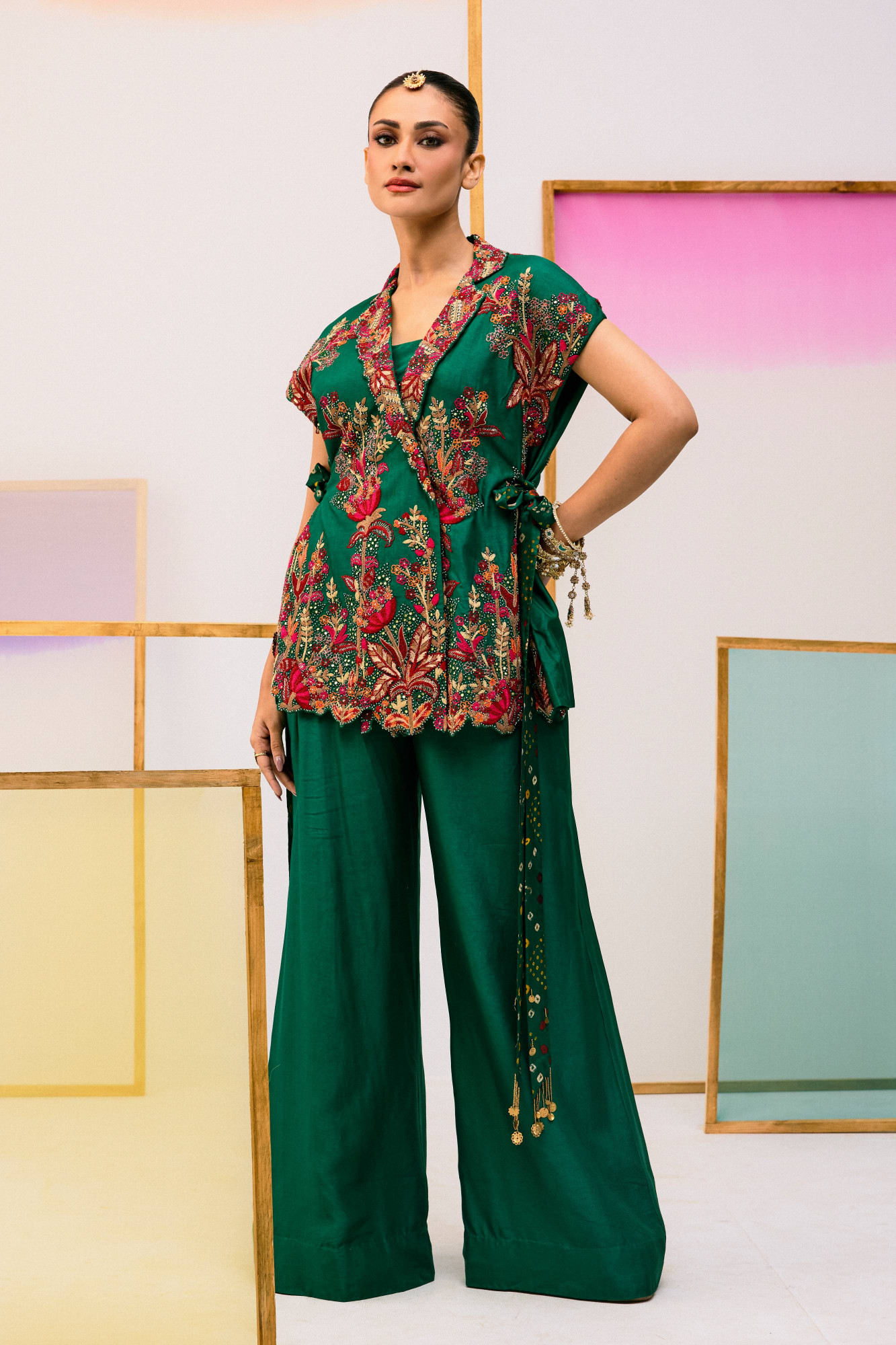 GREEN EMBROIDERED ANTI FIT TOP WITH FLARE PANTS