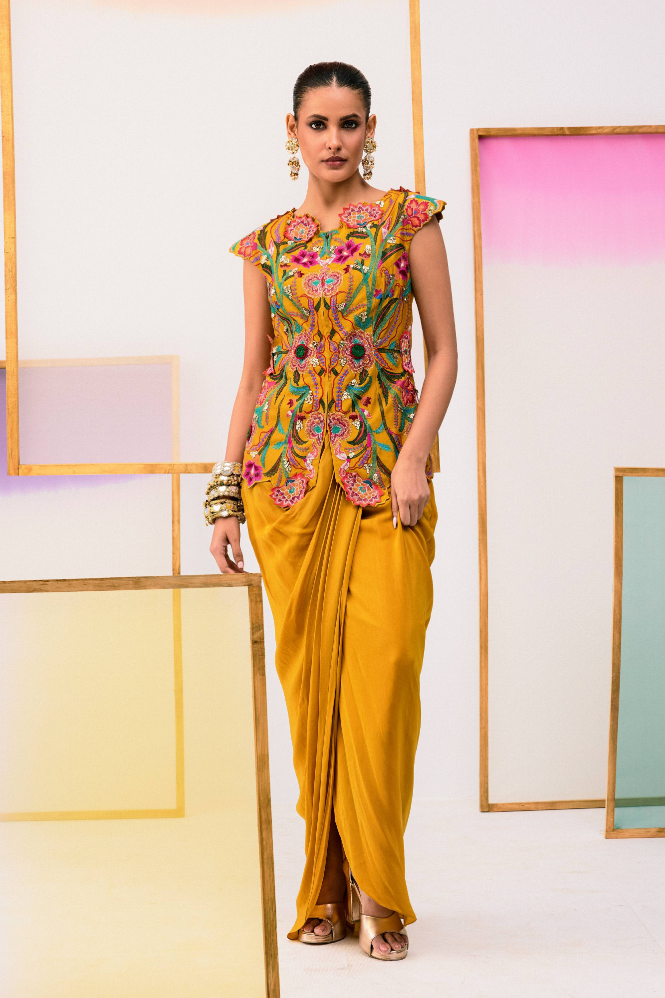 MUSTARD DRAPE SKIRT AND EMBROIDERED TOP