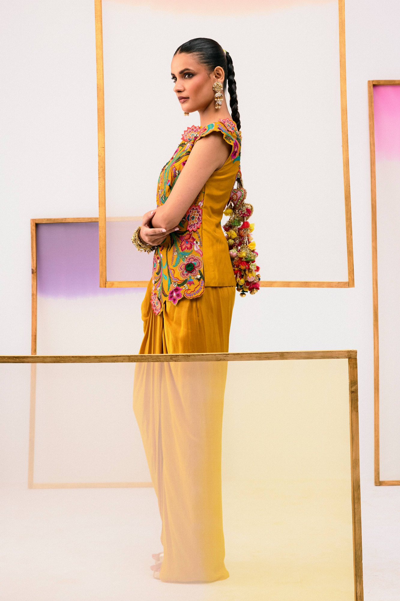 MUSTARD DRAPE SKIRT AND EMBROIDERED TOP
