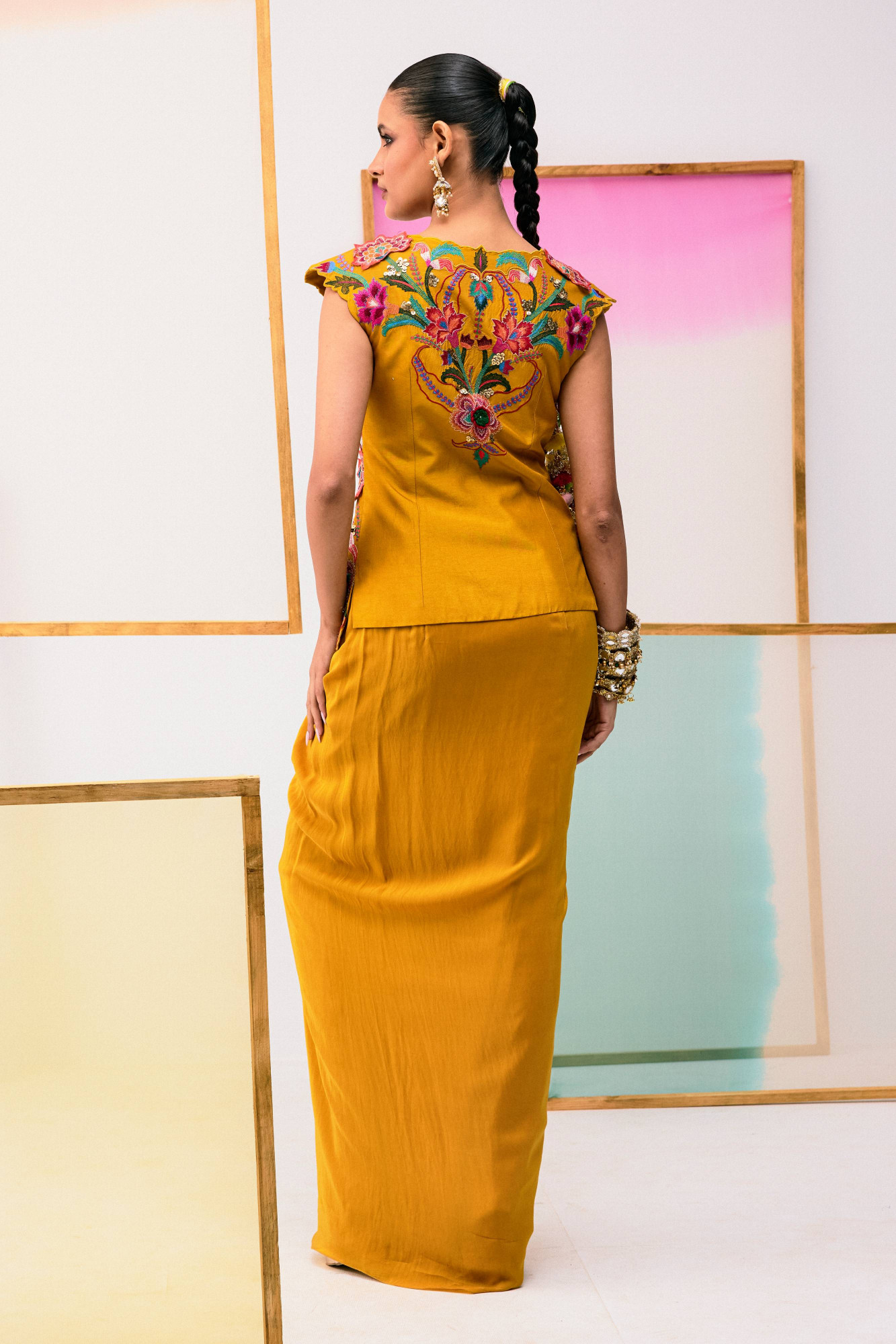 MUSTARD DRAPE SKIRT AND EMBROIDERED TOP
