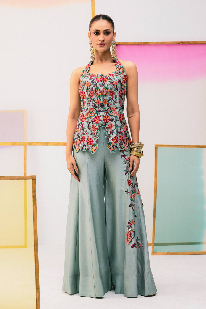 DUSKY BLUE HALTER NECK JACKET WITH FLARE PANTS