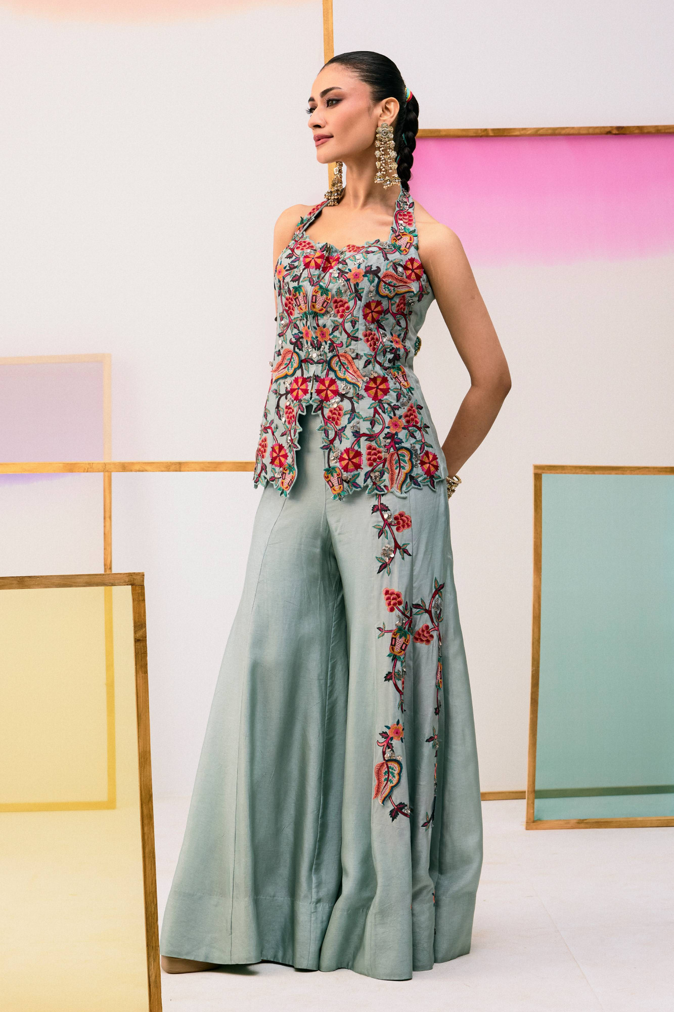 DUSKY BLUE HALTER NECK JACKET WITH FLARE PANTS