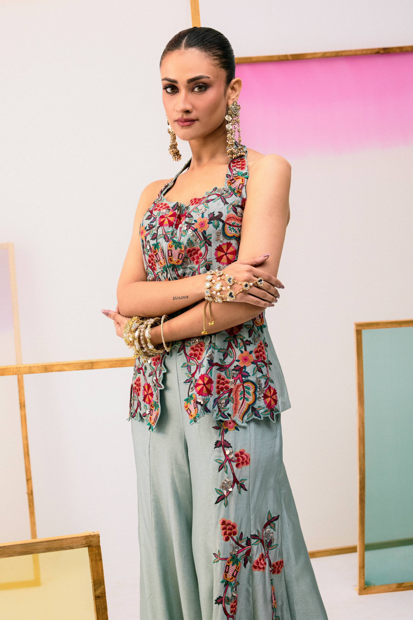 DUSKY BLUE HALTER NECK JACKET WITH FLARE PANTS