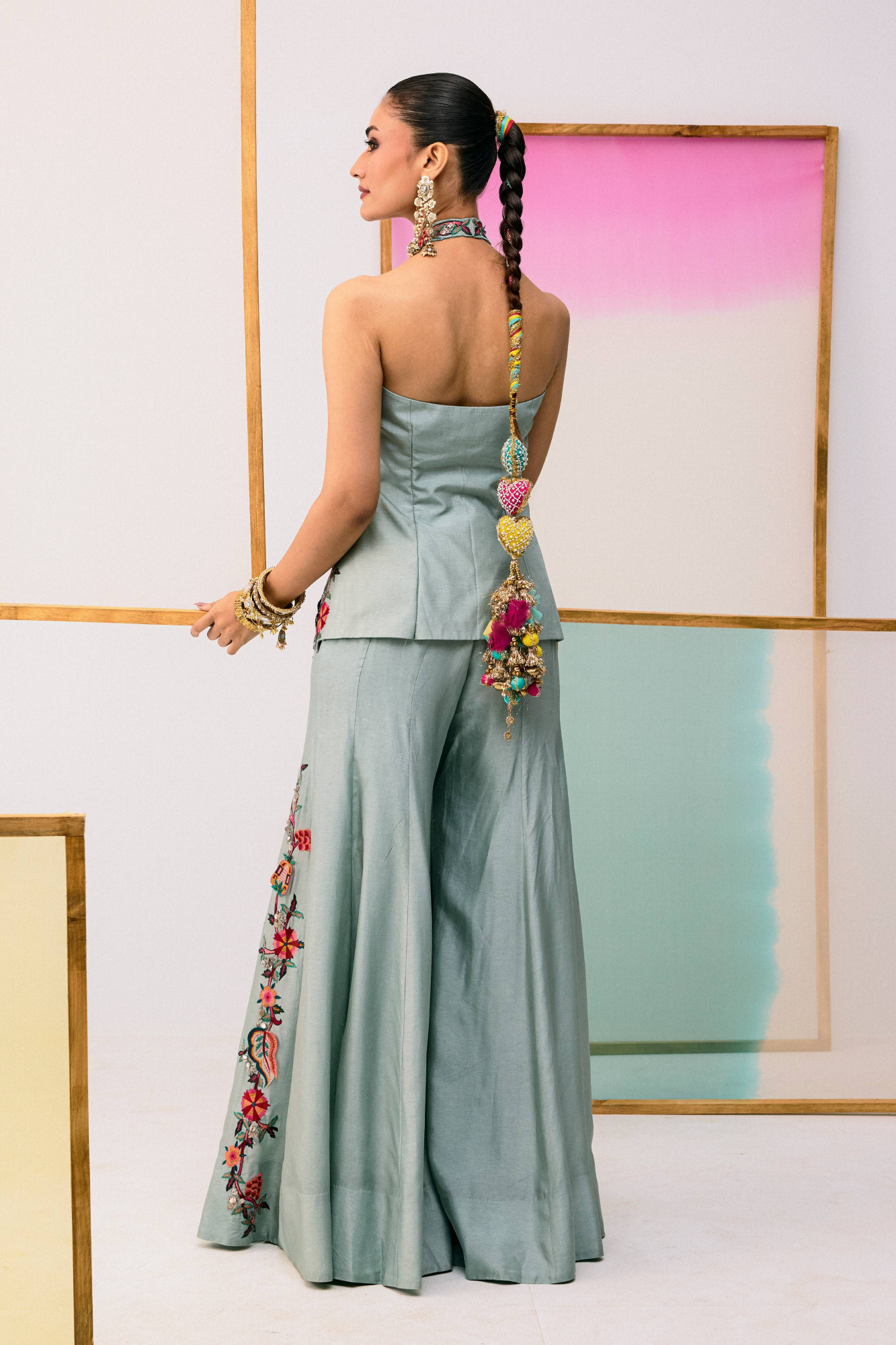 DUSKY BLUE HALTER NECK JACKET WITH FLARE PANTS