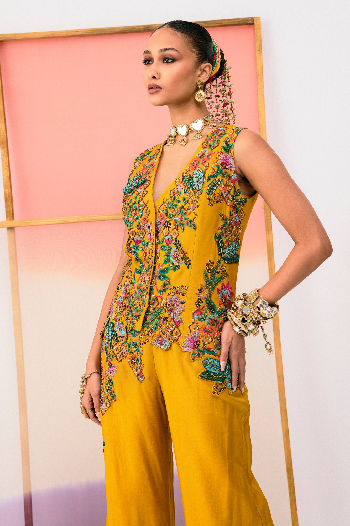 MUSTARD PANT AND EMBROIDERED TOP