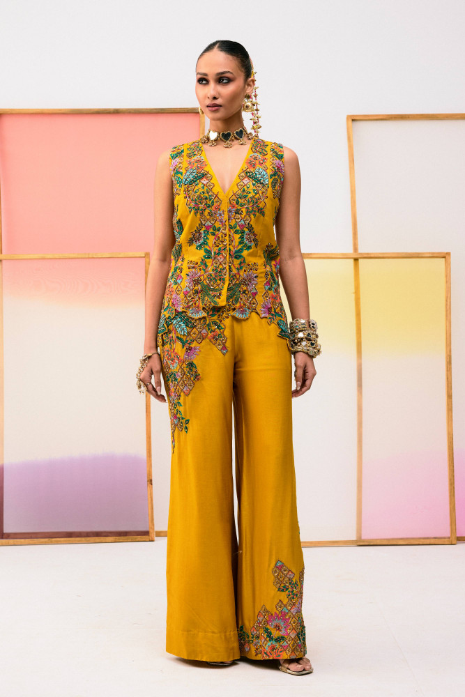 MUSTARD PANT AND EMBROIDERED TOP