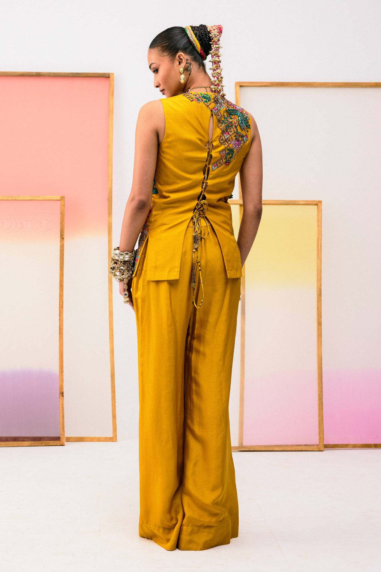 MUSTARD PANT AND EMBROIDERED TOP