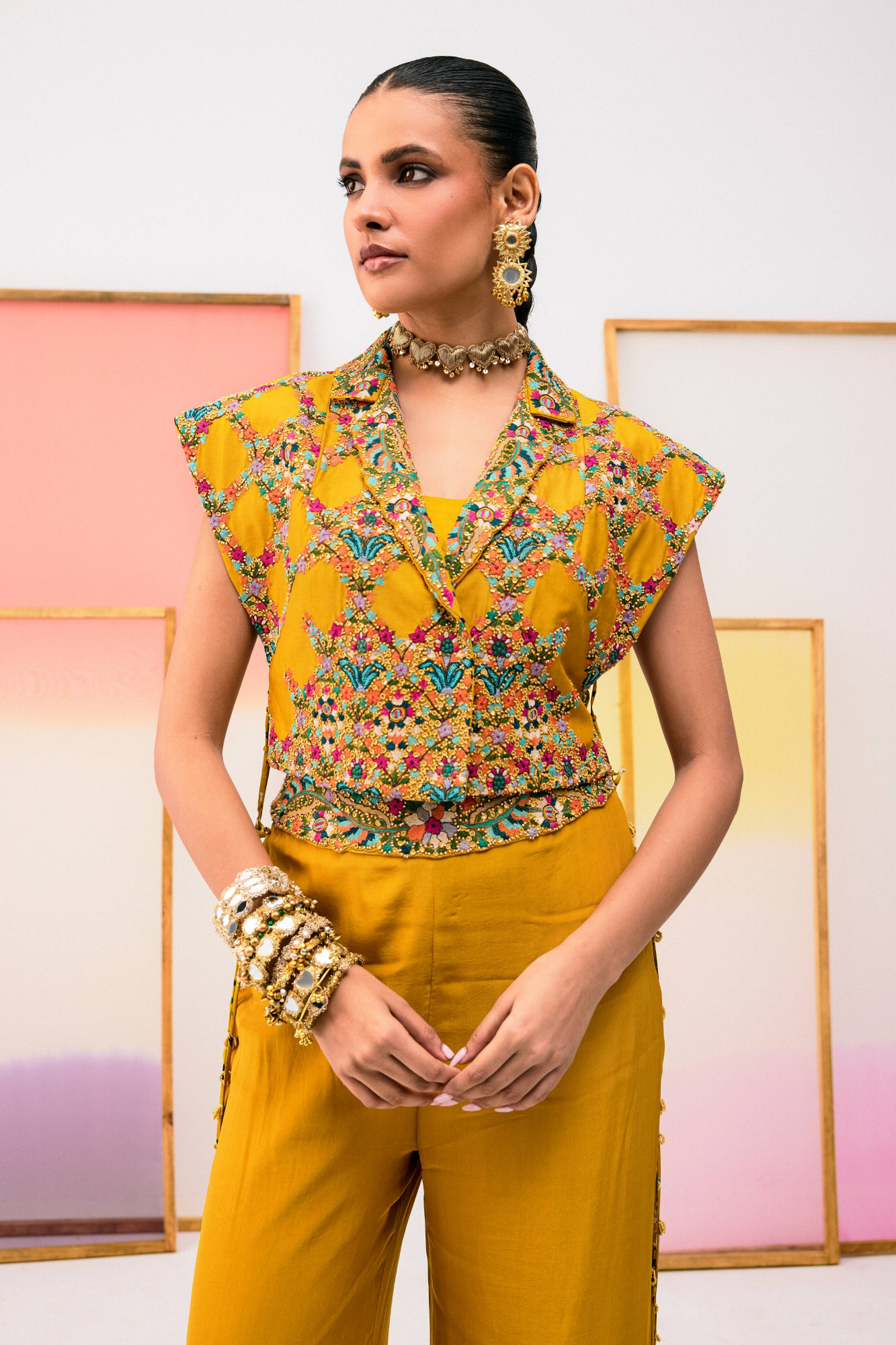 MUSTARD PANT,BUSTIER AND EMBROIDERED TOP