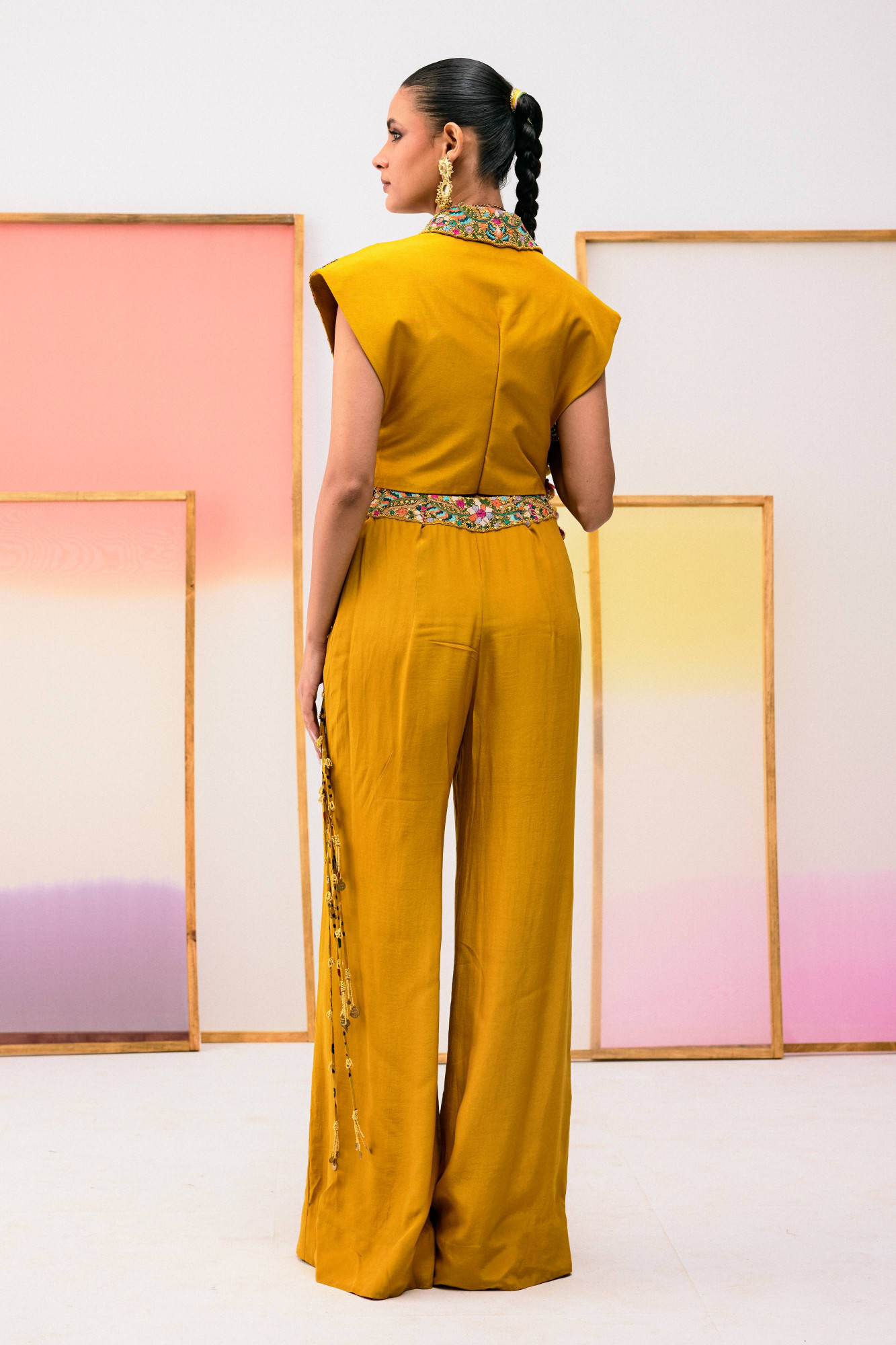 MUSTARD PANT,BUSTIER AND EMBROIDERED TOP